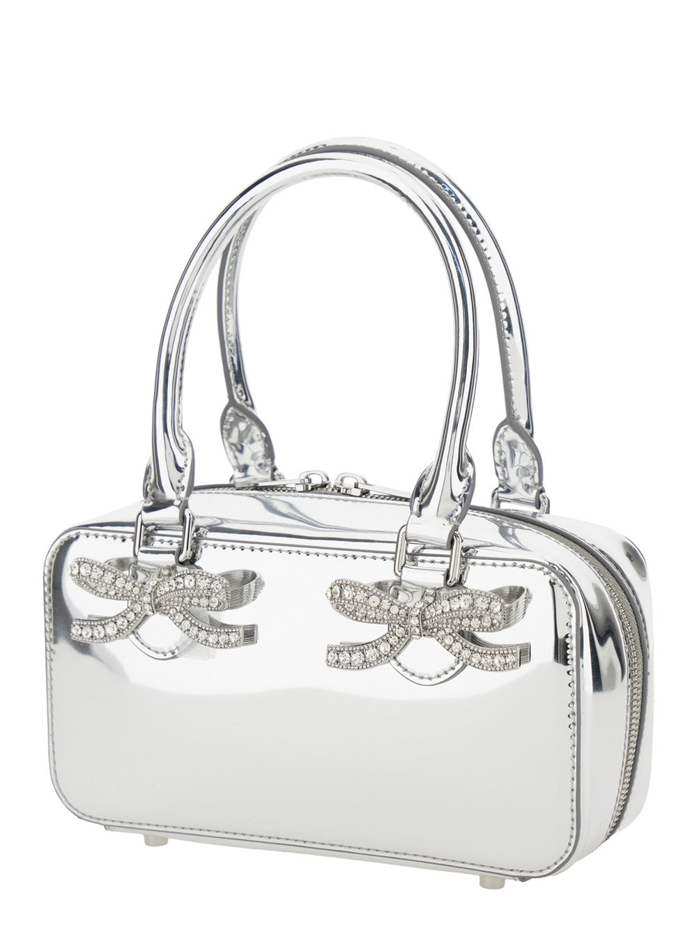 Self-Portrait Women Silver-Colored Handbag With Bows On The Front In Laminated Leather Woman - 2