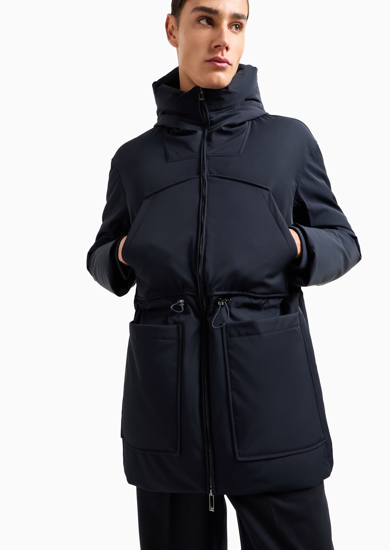 Three-quarter length hooded down jacket in water-repellent nylon twill - 6