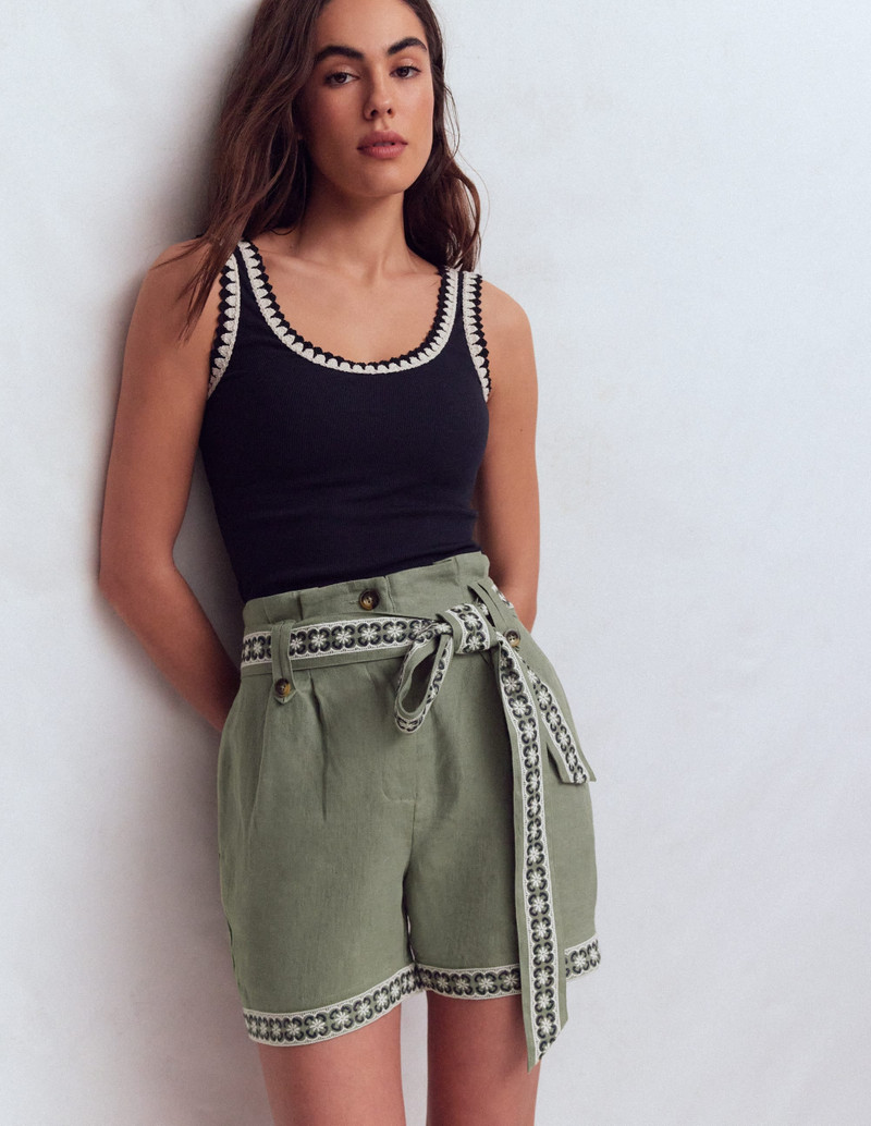BODEN Paperbag Linen Belted Shorts-Agave Green Embroidery outlook