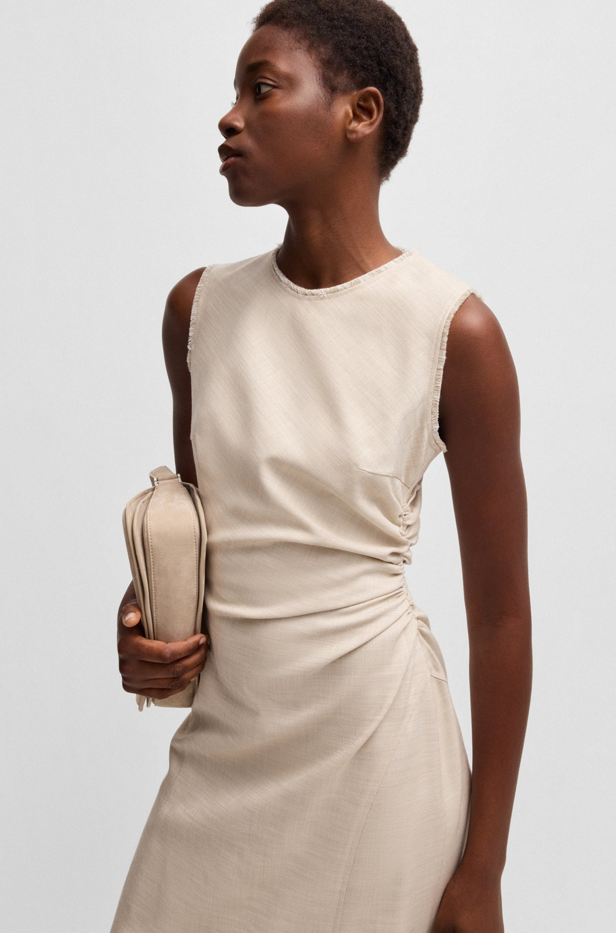 MELANGE DRESS WITH FRAYED AND GATHERED DETAILS - 6