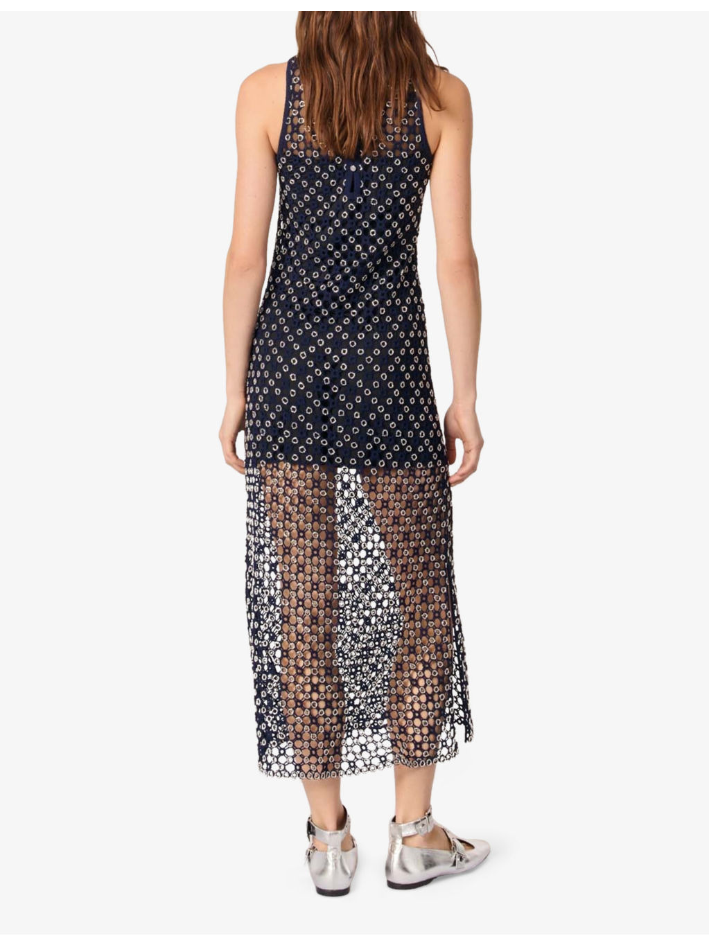 Bead-Embellished Crochet-Overlay Woven Midi Dress - 4
