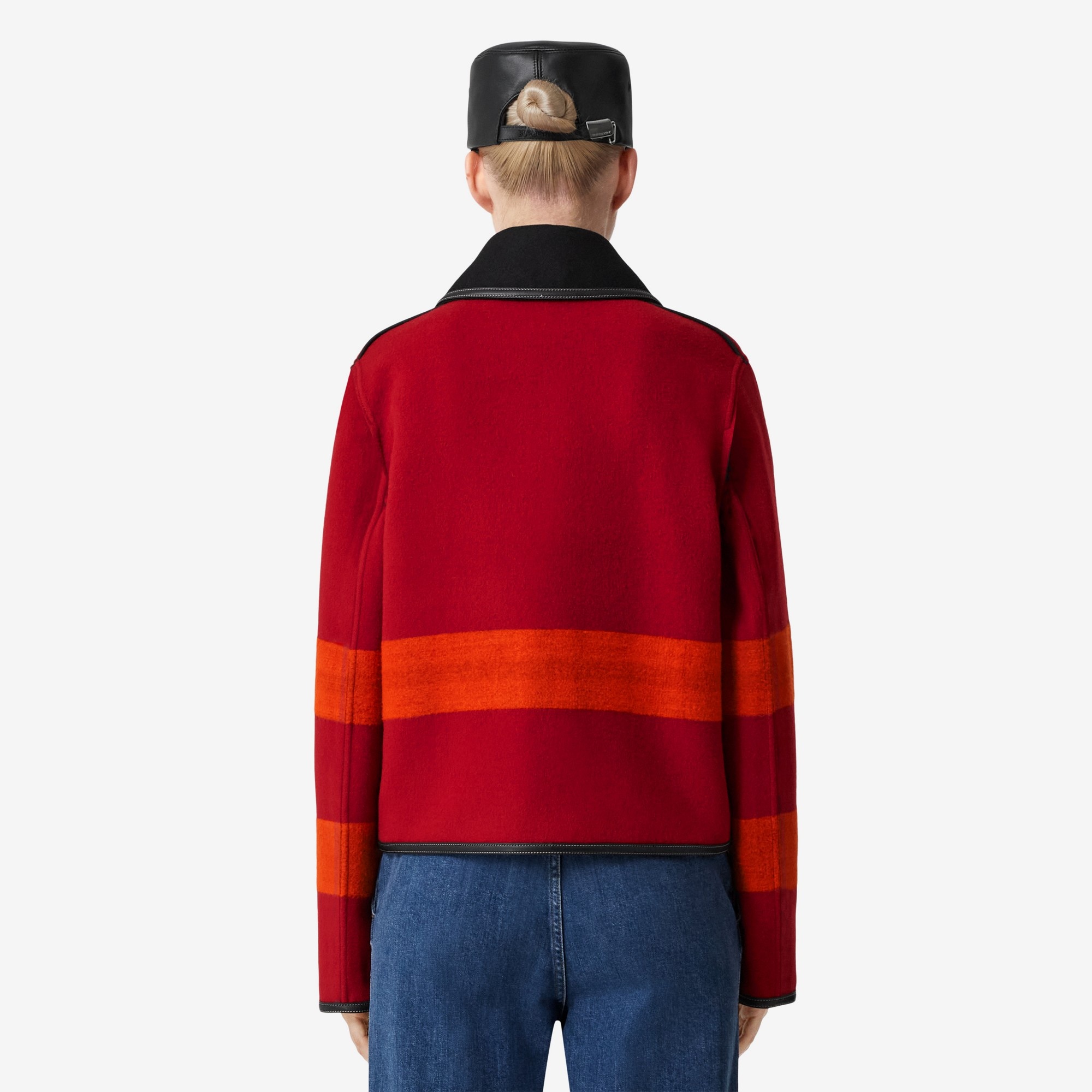 Leather Trim Striped Wool Jacket - 3