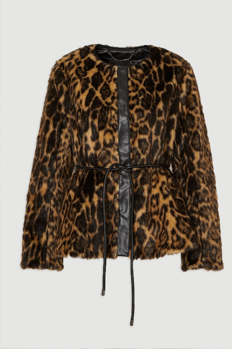 Faux Fur Leopard Collarless Coat 4