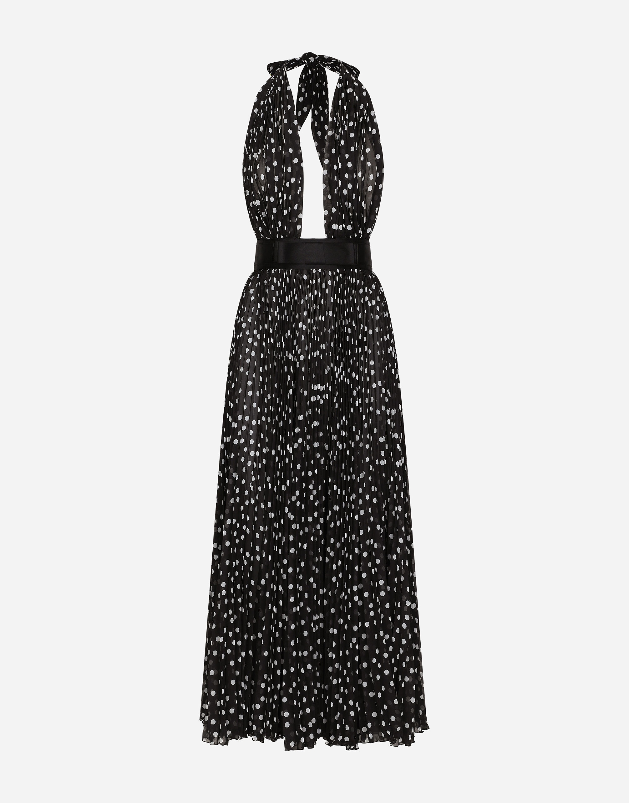 Chiffon calf-length dress with plunging neckline and polka-dot print - 1