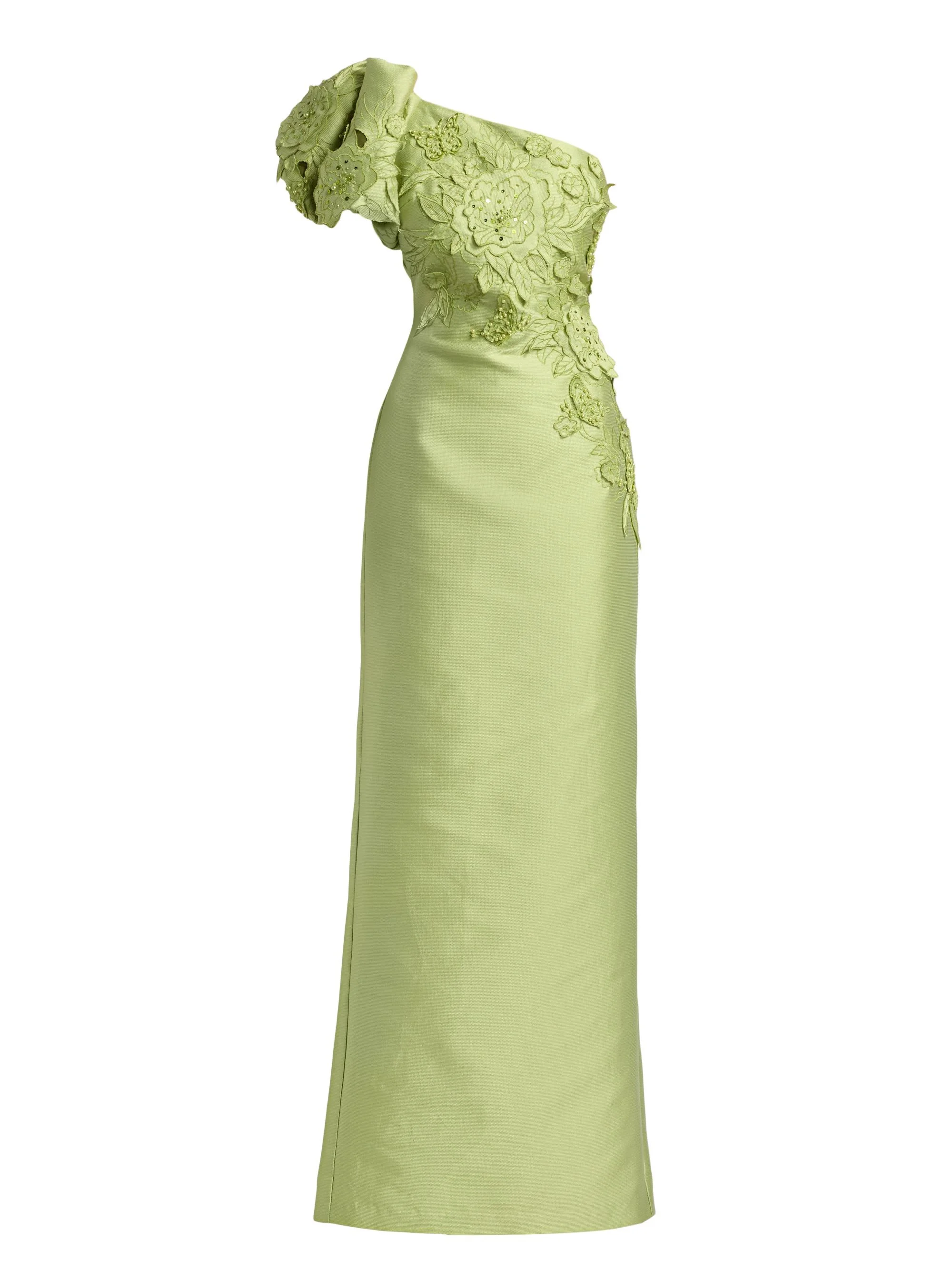 Women's Floral Appliqué One-Shoulder Gown - Lime - 1
