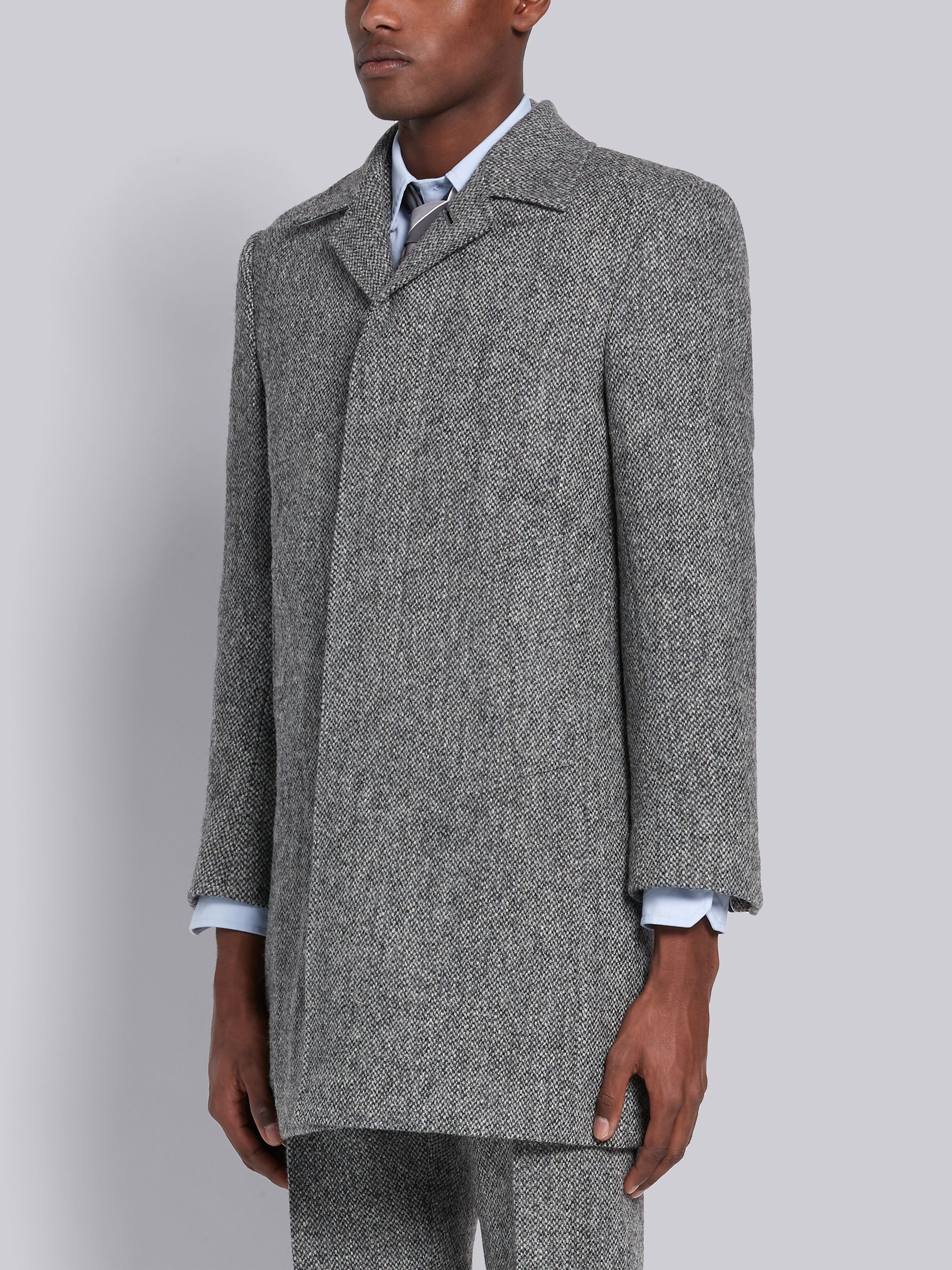 Medium Grey Wool Barleycorn Harris Tweed Classic Bal Collar Overcoat - 3