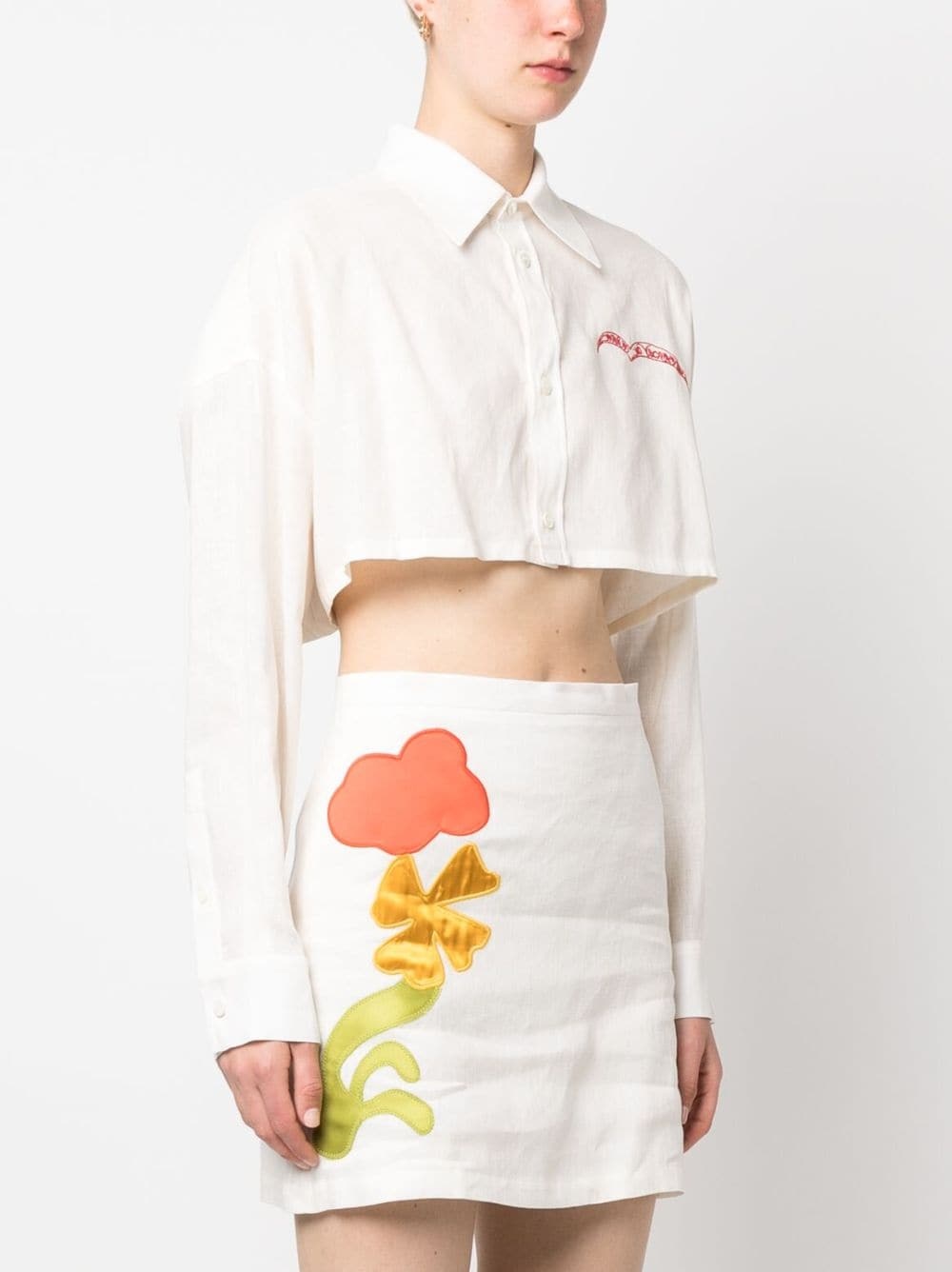 slogan-embroidered long-sleeve cropped shirt - 4