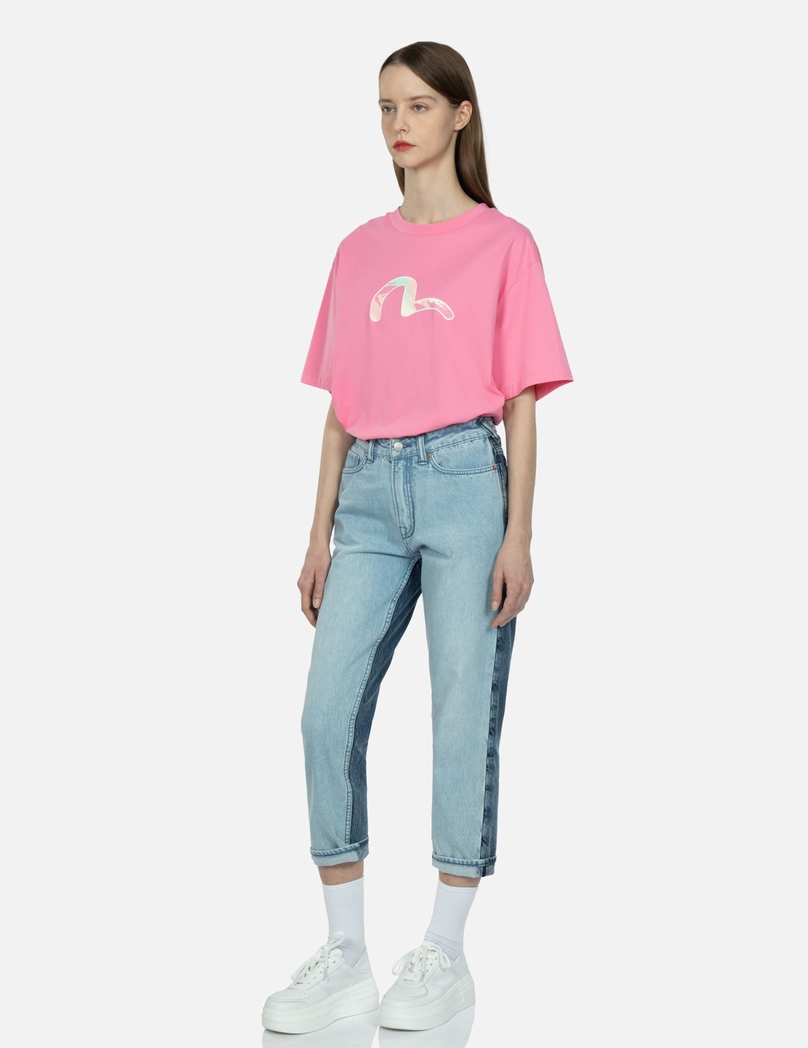 GRAFFITI DARUMA DAICOCK PRINT TWO-TONE JEANS - 4