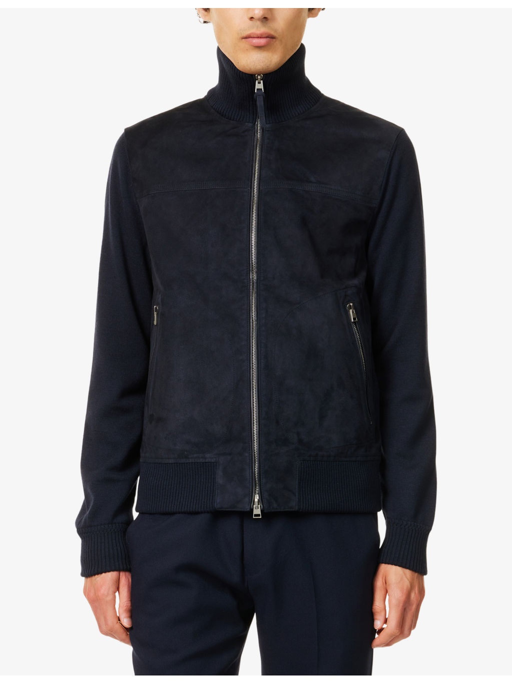 Zip-Through Hybrid Suede and Wool Knit Cardigan - 3