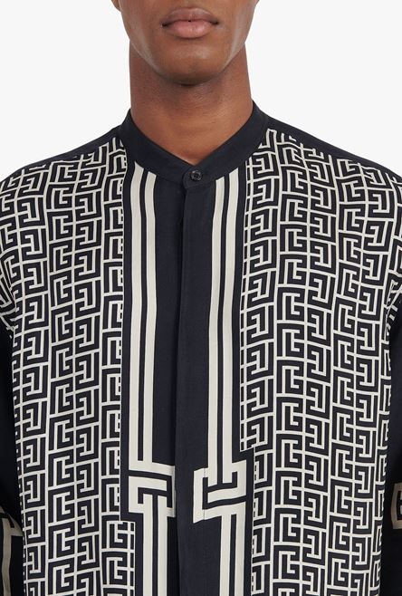 Oversized ivory and black cuprammonium rayon shirt with Balmain monogram print - 6
