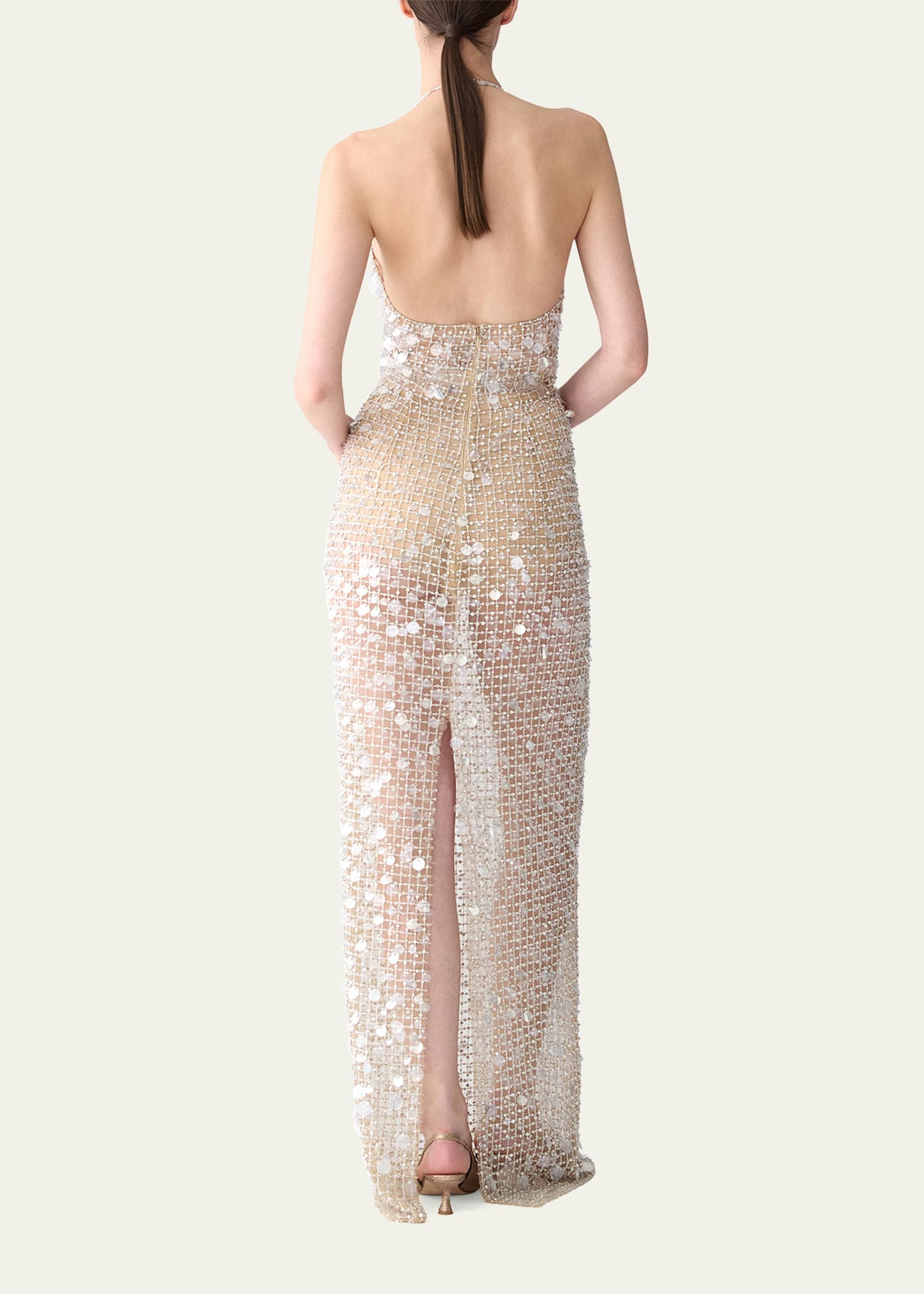Embellished Plunging Halter Column Gown - 3