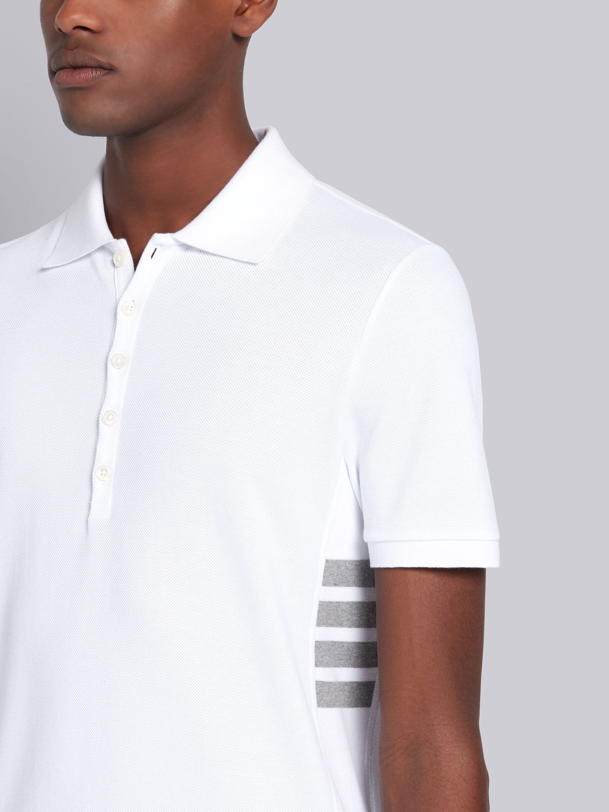 White Classic Cotton Pique Side Insert 4-Bar Polo - 5