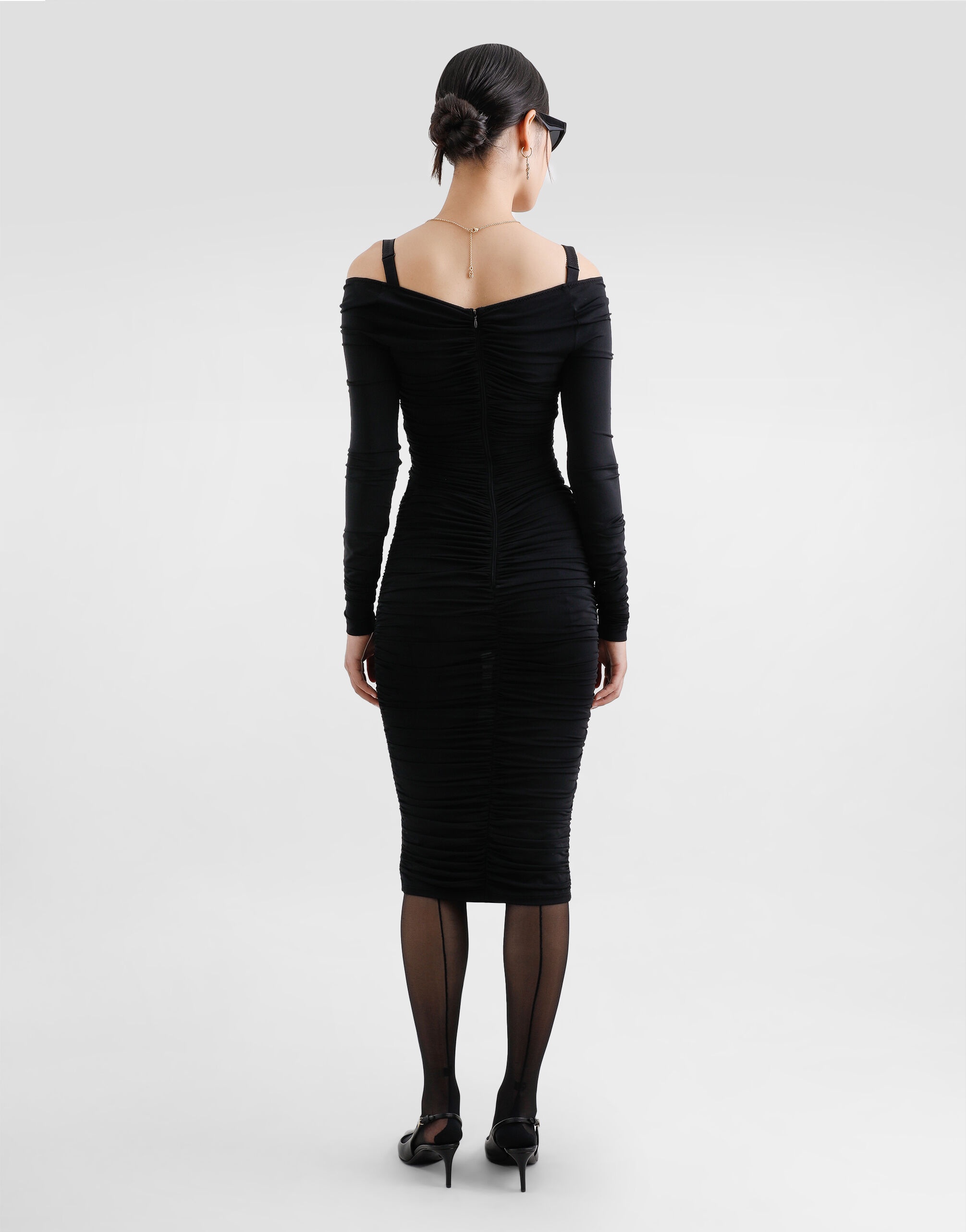 Organzine draped calf-length dress - 3