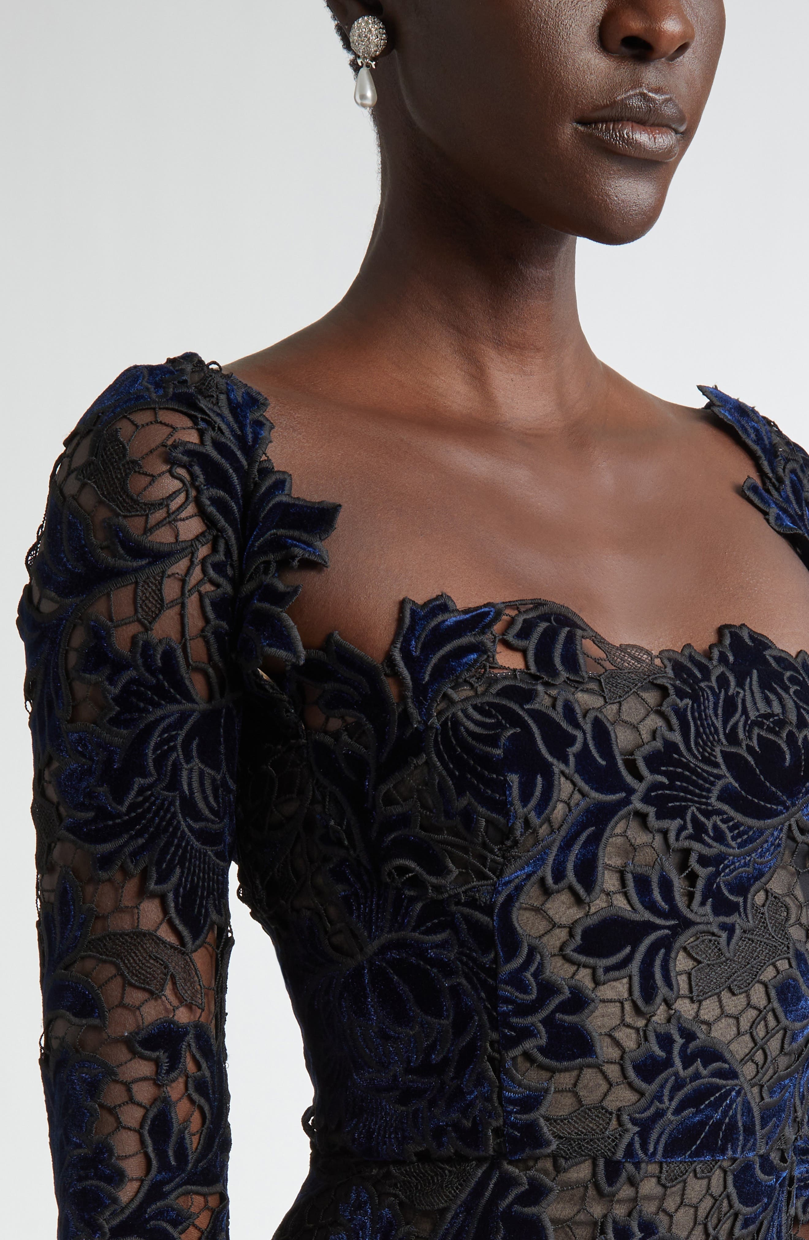 Oscar de la Renta Peony Velvet Guipure Lace Dress in Navy at Nordstrom - 4