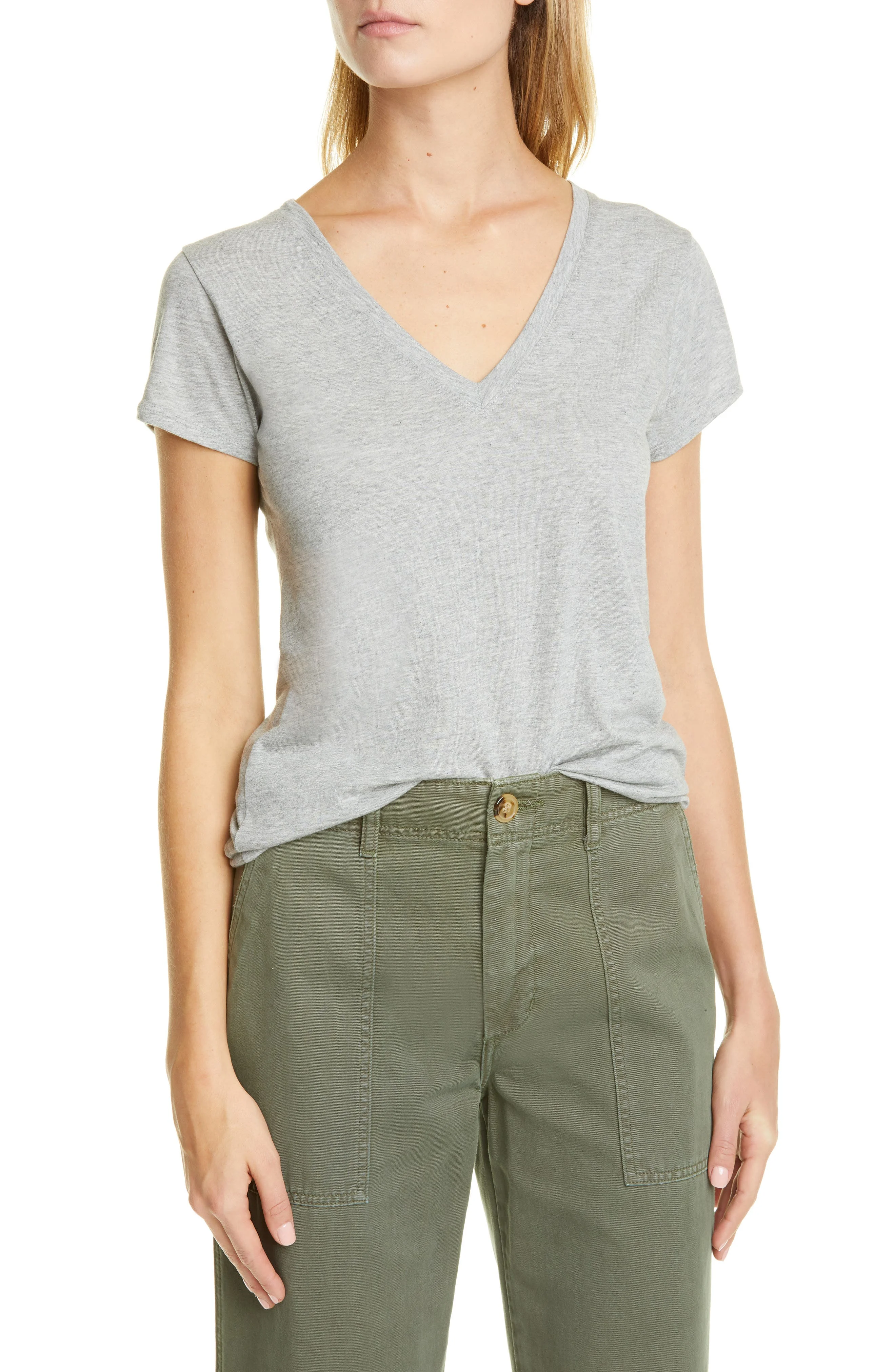 Vince Pima Cotton V-Neck Top in Heather Grey at Nordstrom - 1