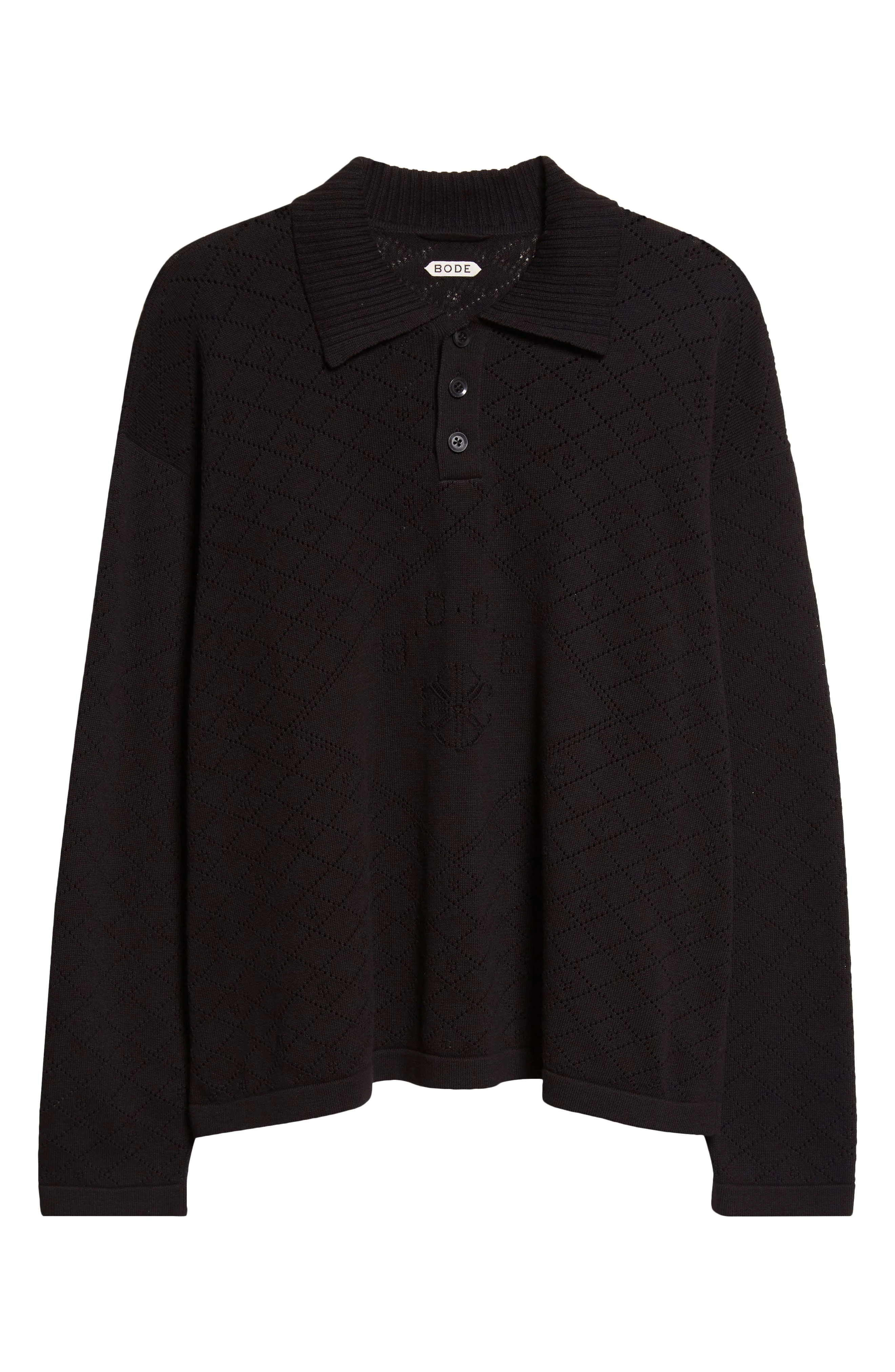 Bode Anisette Floral Pointelle Stitch Cotton Polo Sweater in Black at Nordstrom - 1