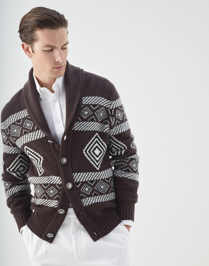 Ethnic Jacquard cardigan in cashmere with metal buttons 1