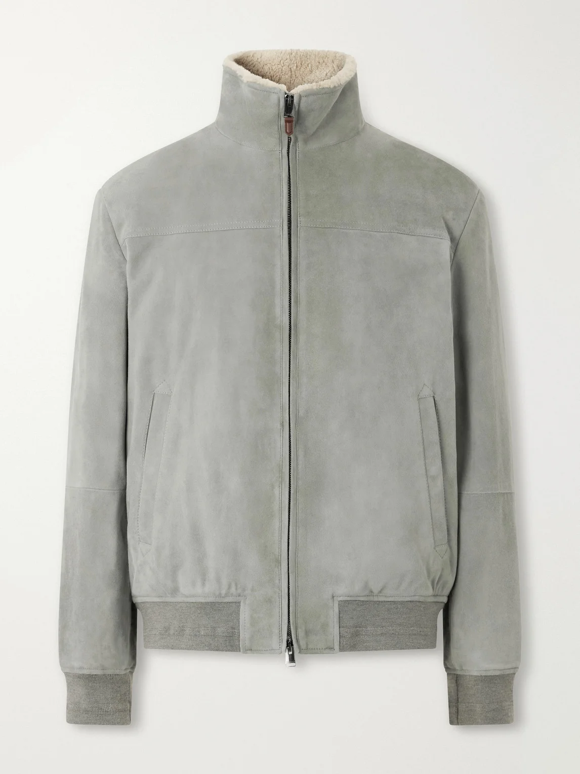 Padded Shearling-Trimmed Suede Bomber Jacket - 1