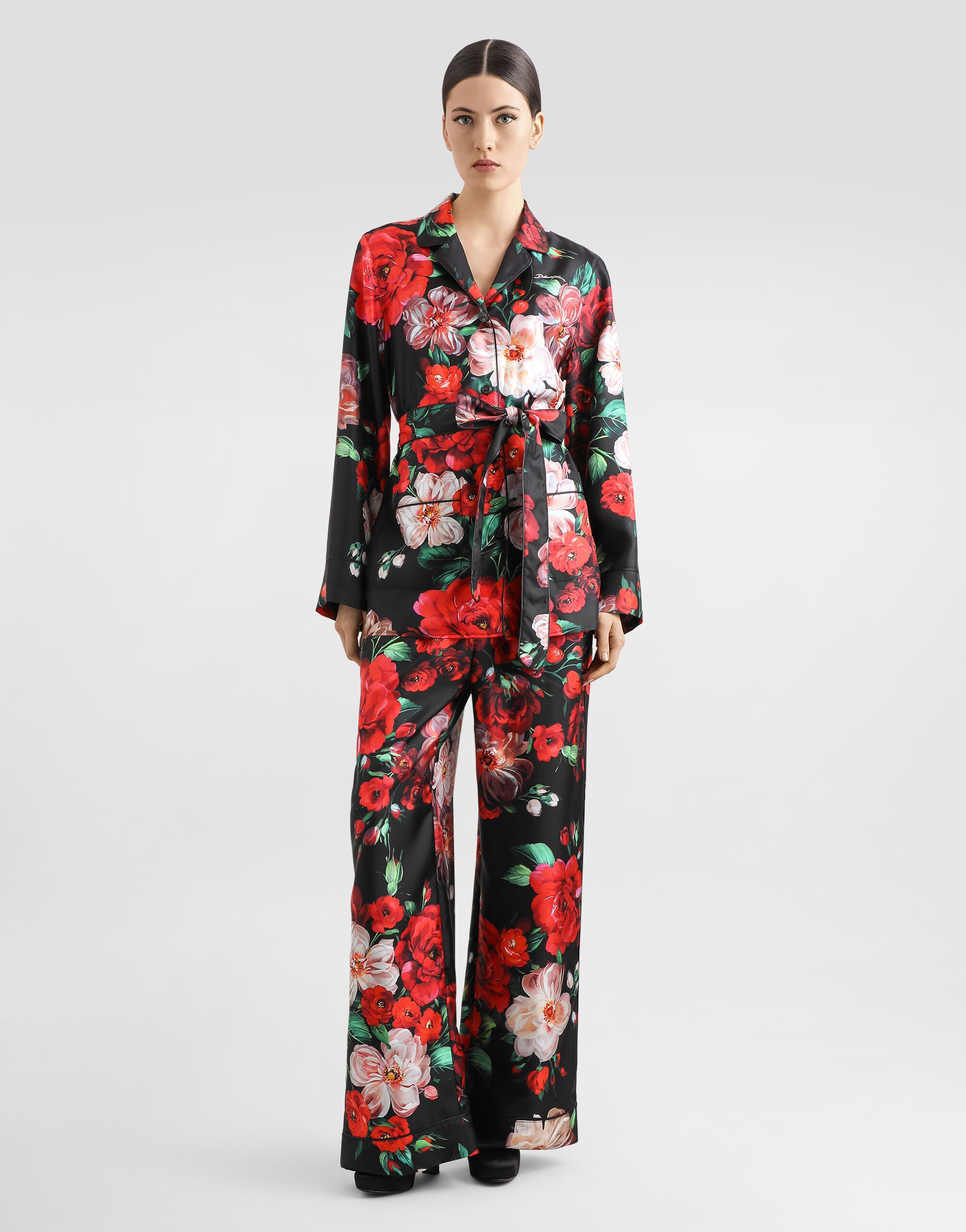 Satin pajama pants with rose print - 2