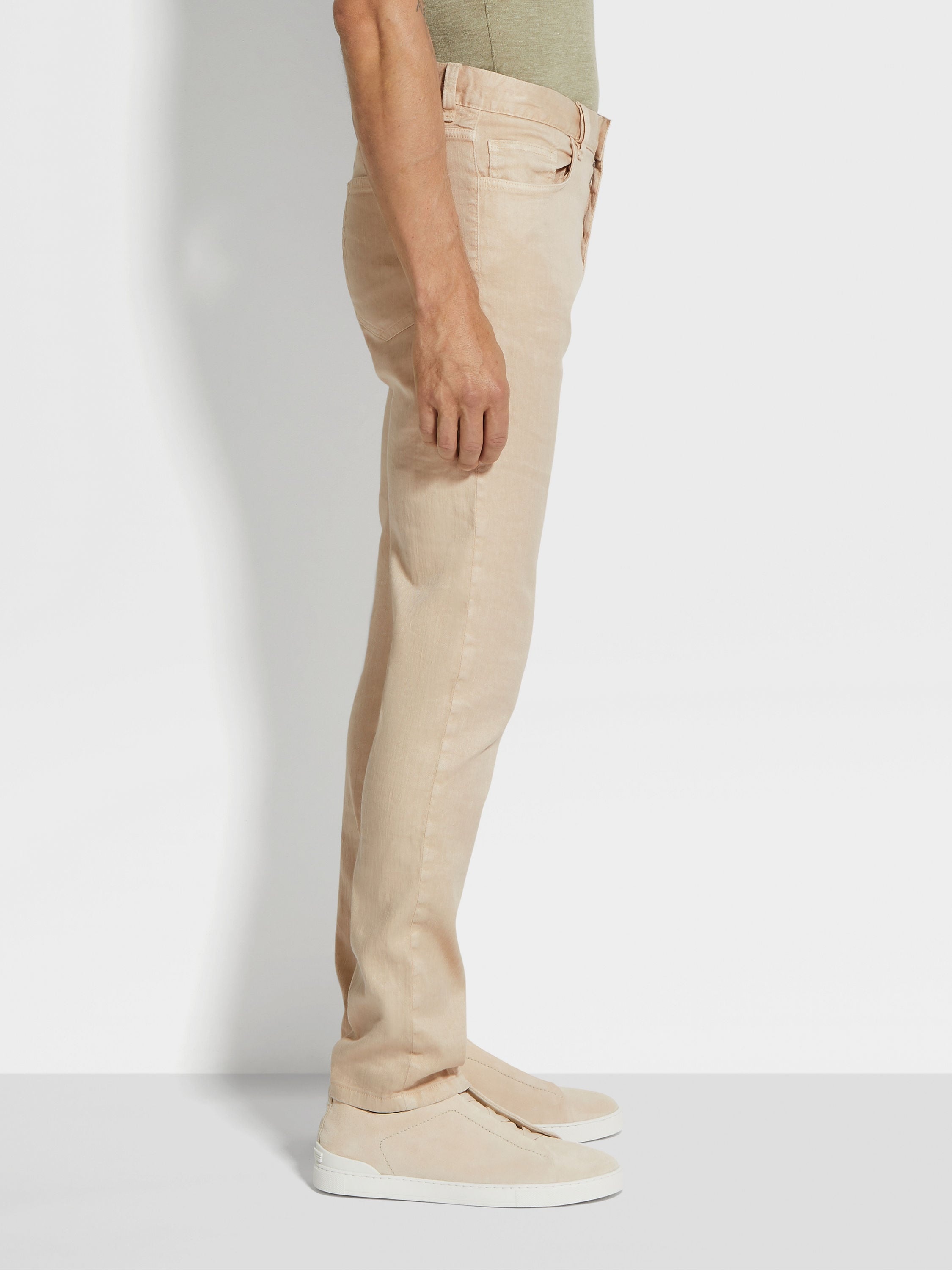 LIGHT BEIGE STRETCH LINEN AND COTTON ROCCIA JEANS - 3