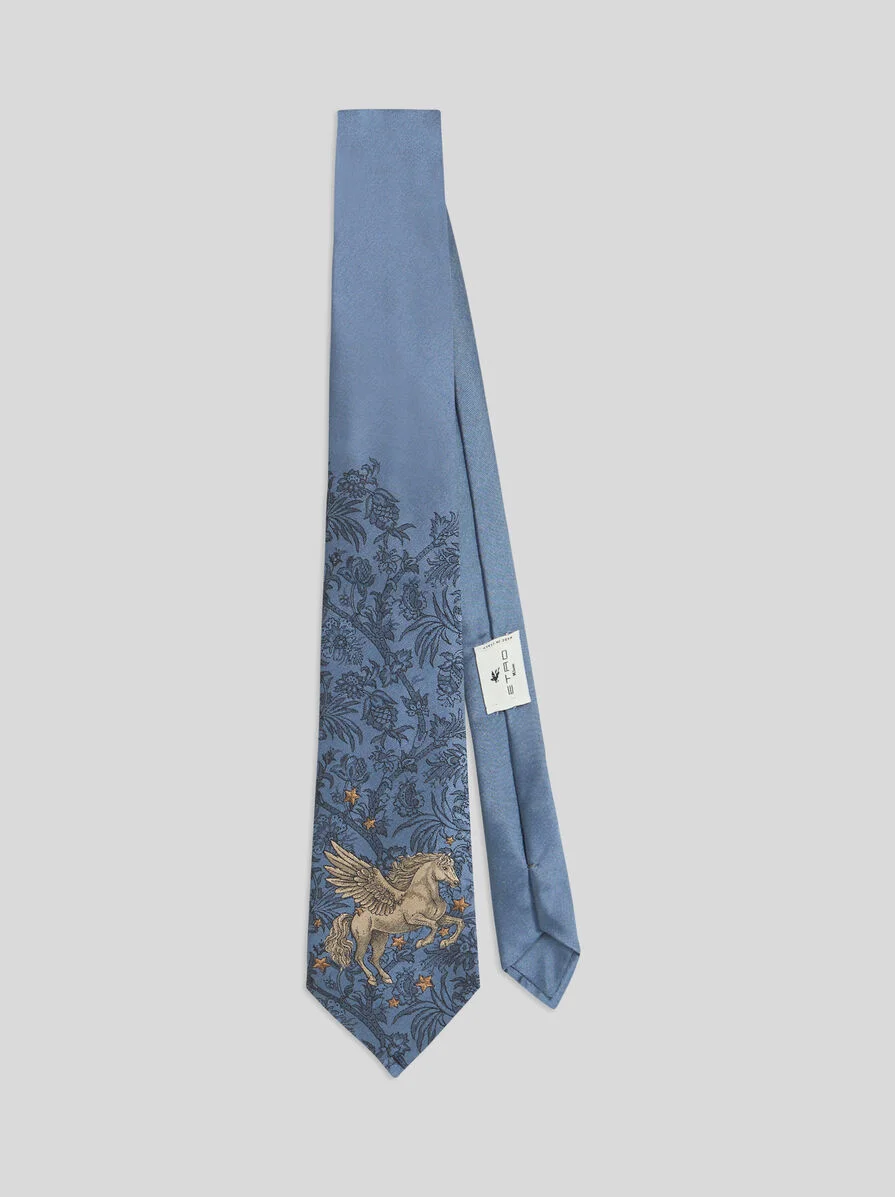 SILK JACQUARD TIE WITH PLACED PEGASO AND FLORAL MOTIF - 1