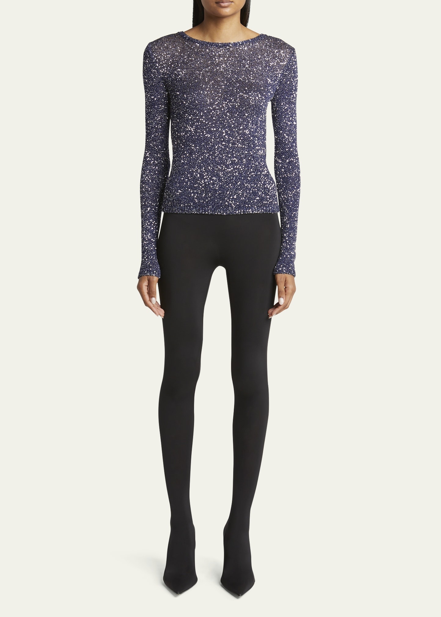 Sequined Long Sleeve Fitted Top - 2