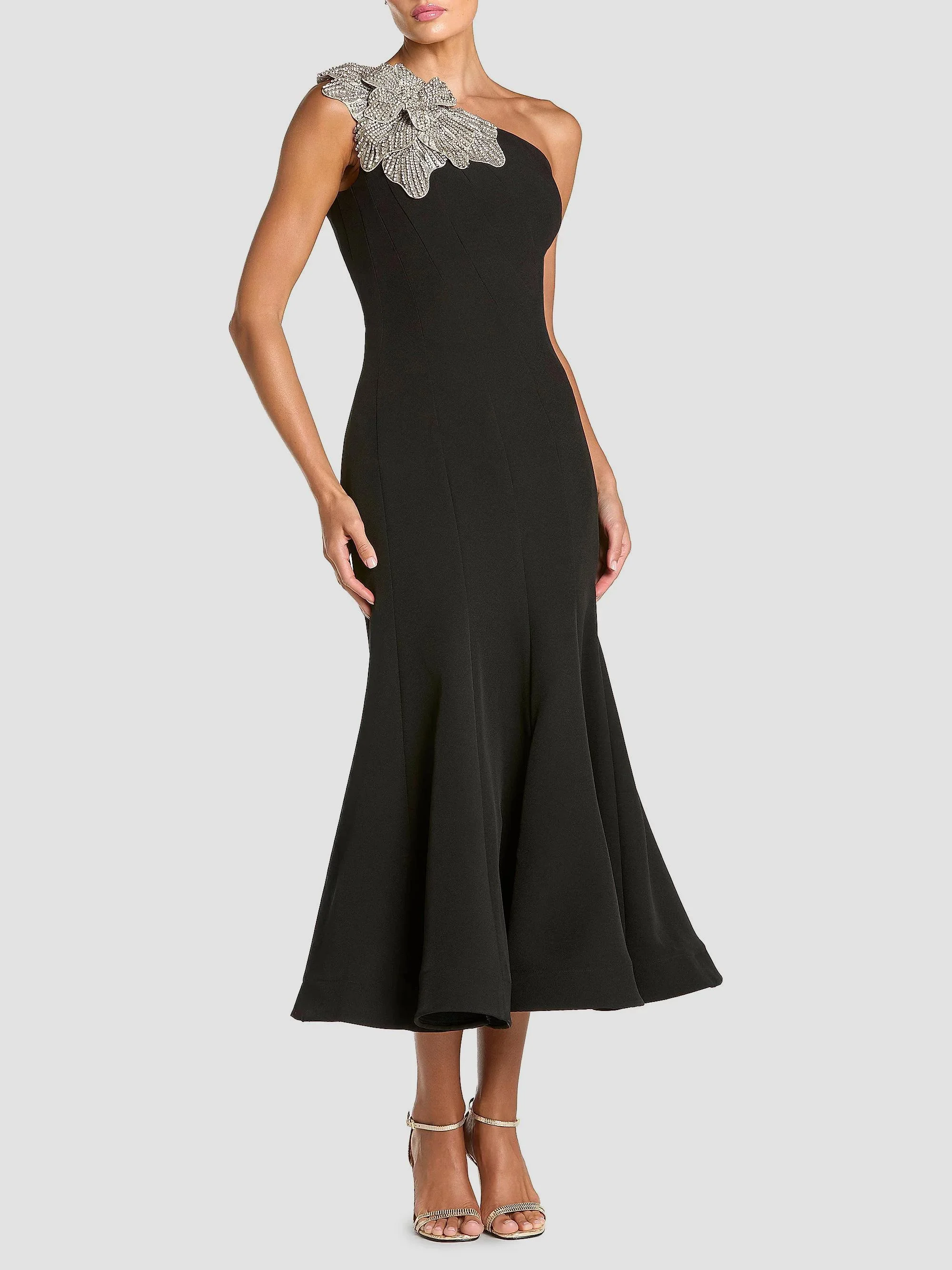 Women's Embellished Crepe One-Shoulder Mermaid Midi-Dress - Black - 1
