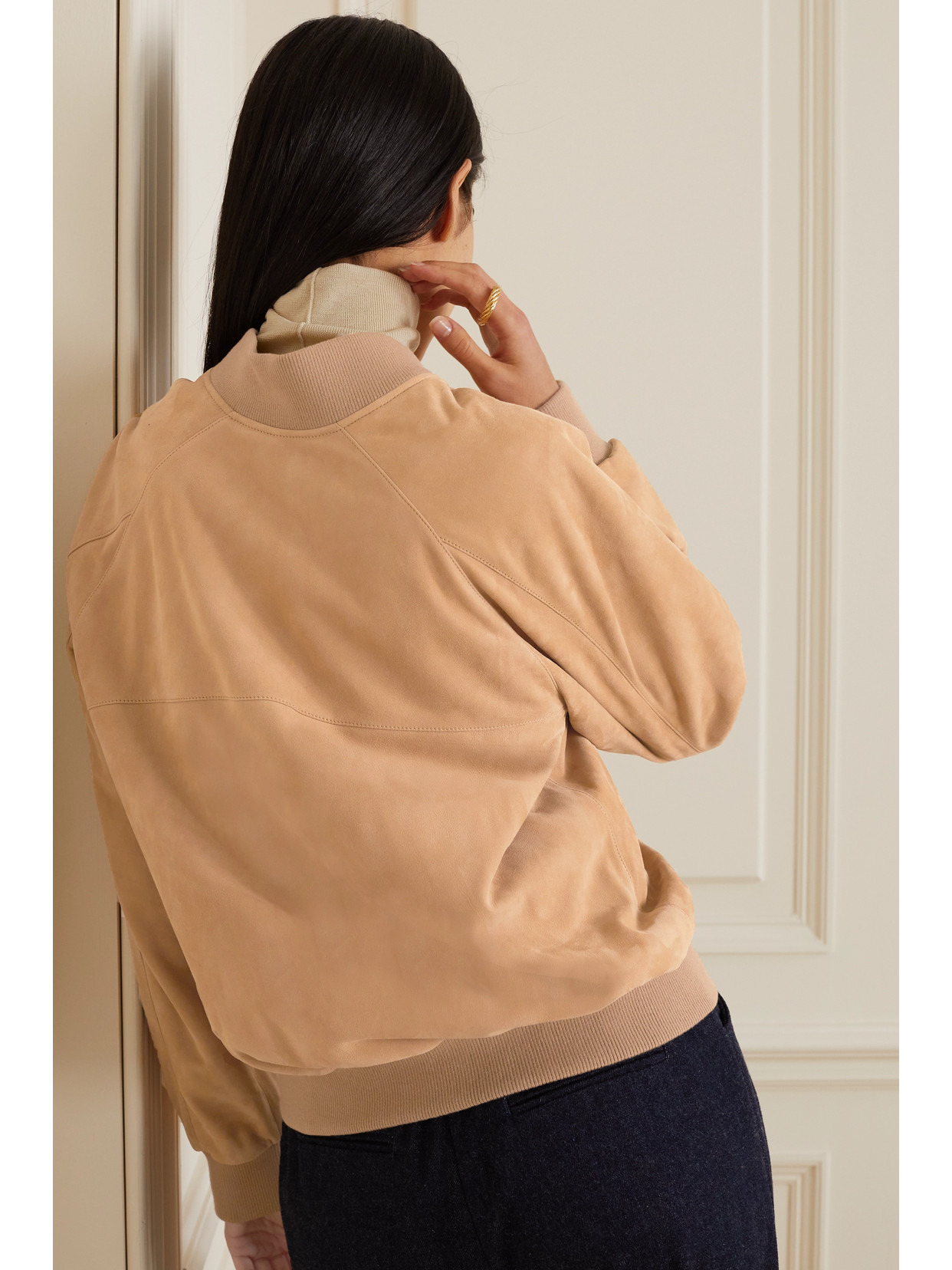 Ribbed Cashmere-trimmed Suede Bomber Jacket - 3
