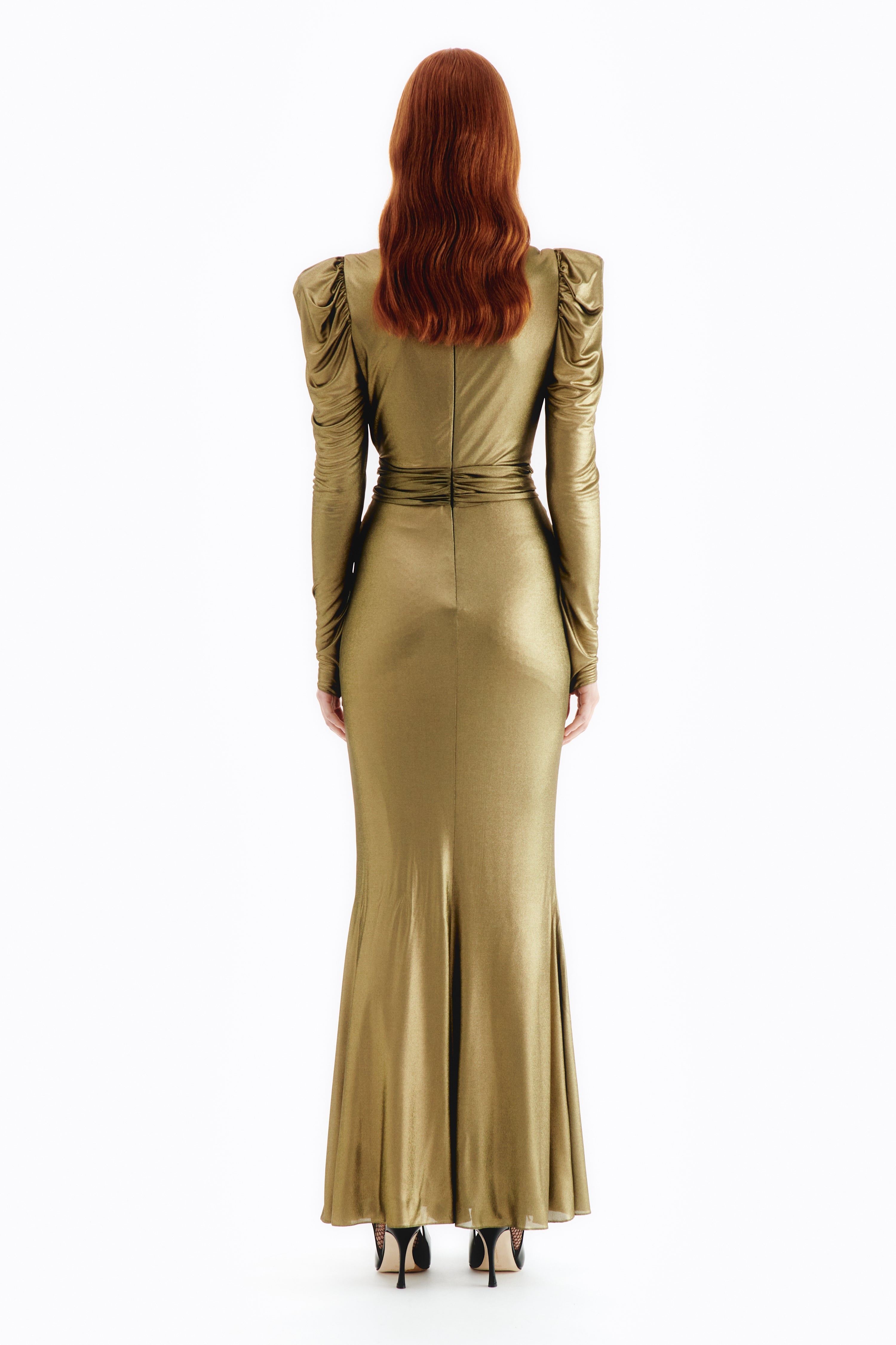 LAMINATED JERSEY V-NECK EVENING DRESS WITH BOW - 4