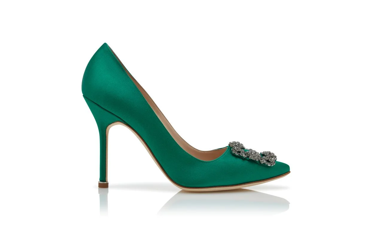 Green Satin Jewel Buckle Pumps - 1
