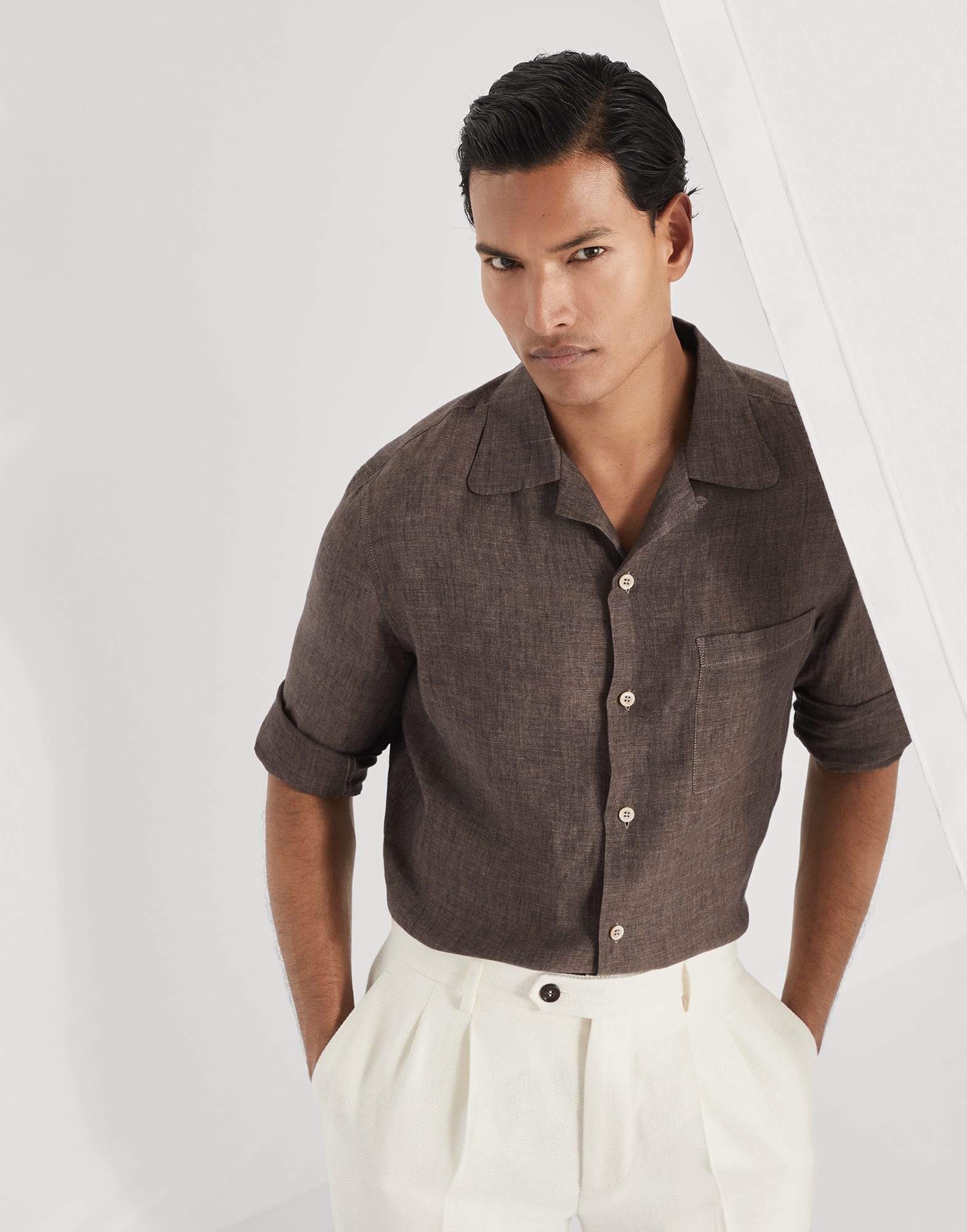 Linen easy fit shirt with camp collar and chest pocket - 4