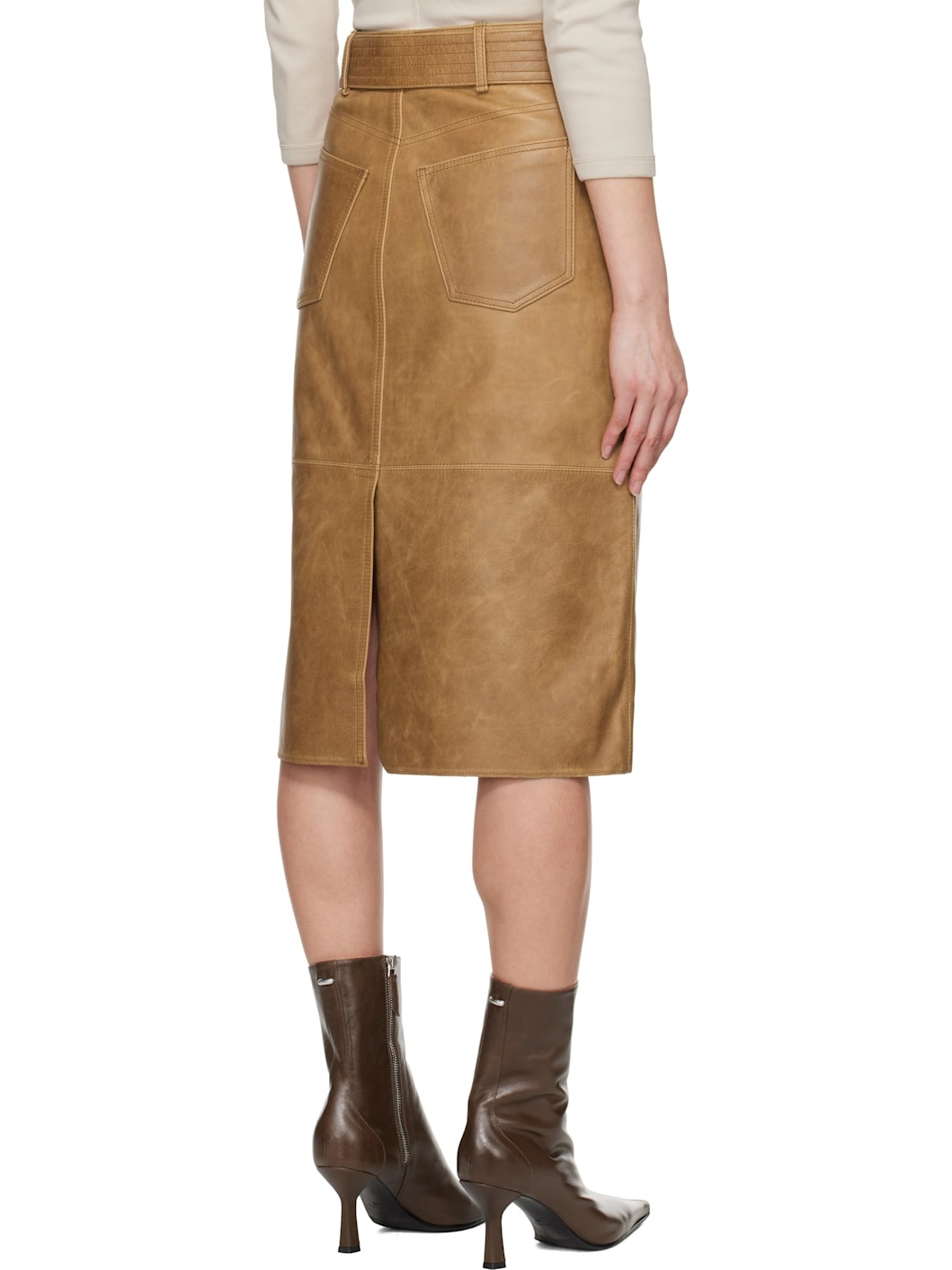 Tan Workwear Leather Midi Skirt - 3