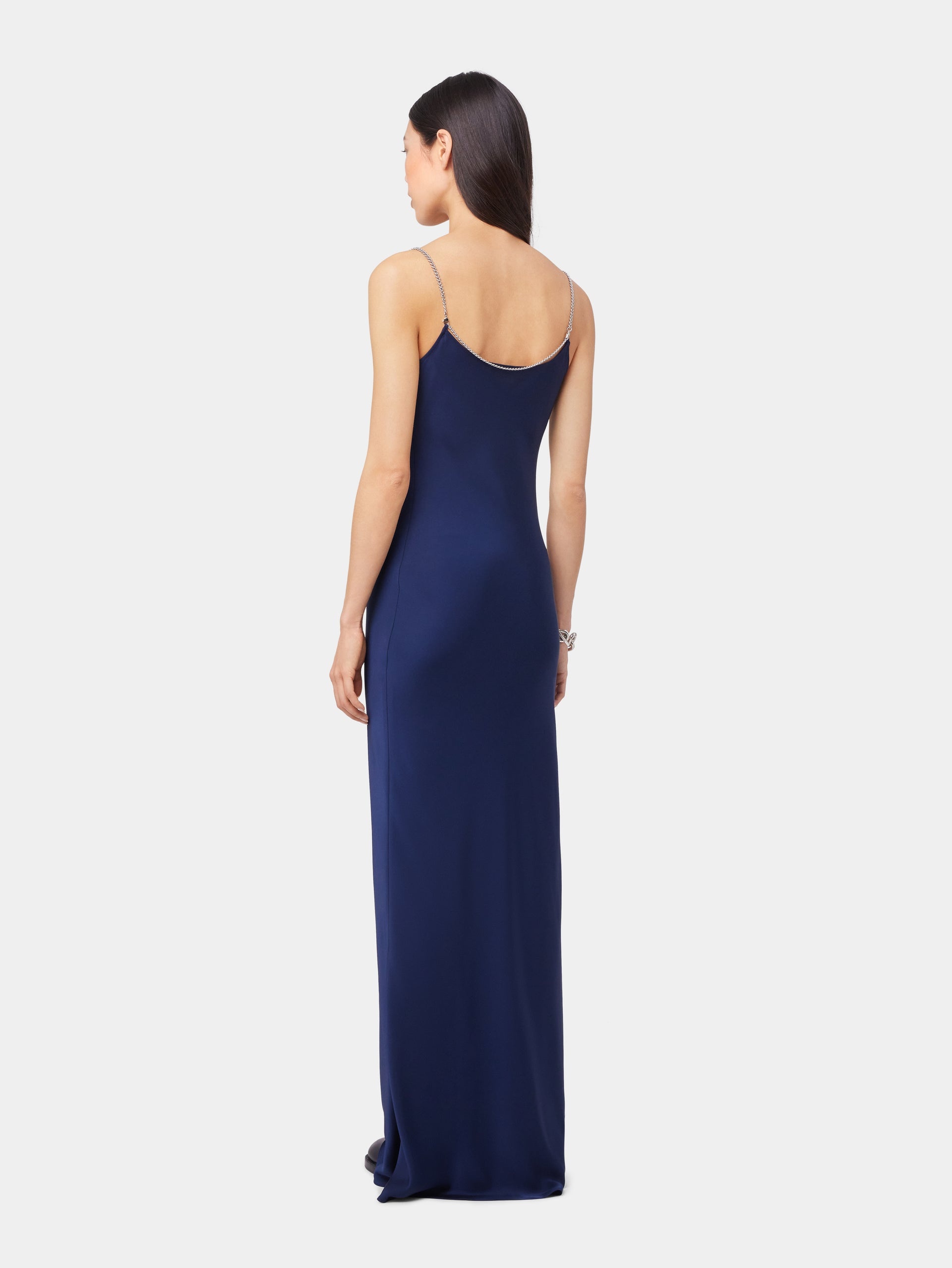 BLUE NAVY LONG SLEEVELESS DRESS IN SATIN - 4