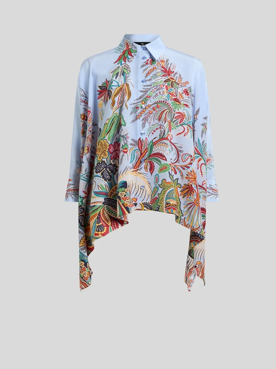 SILK SHIRT WITH HANKY HEM AND PLACED PAISLEY FOLIAGE PRINT - 1