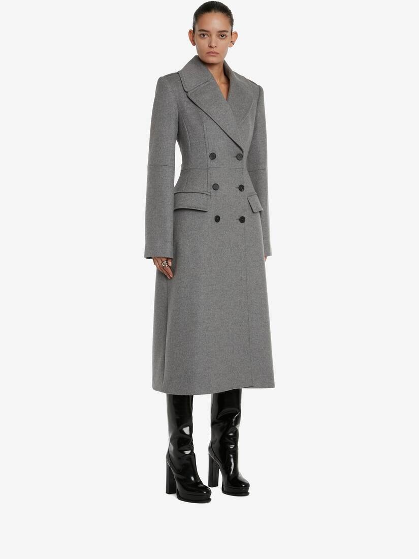 Women's Double-breasted Military Coat in Grey Melange - 3
