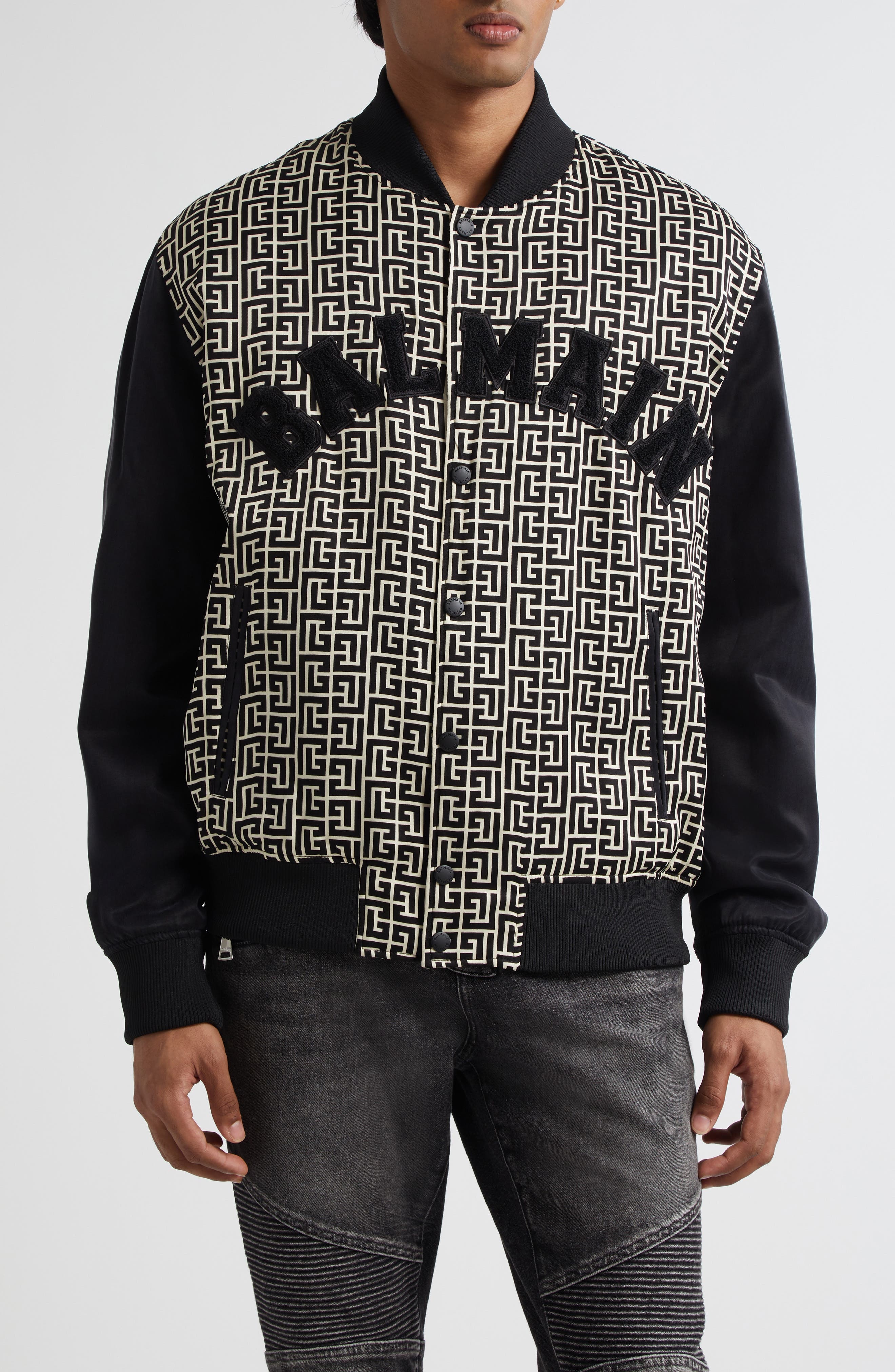 Balmain Monogram Varsity Jacket in Black/Ivory at Nordstrom - 1