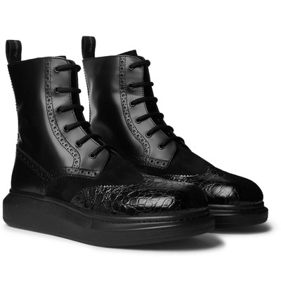 Alexander McQueen Exaggerated-Sole Suede and Patent Croc-Effect Leather Boots outlook