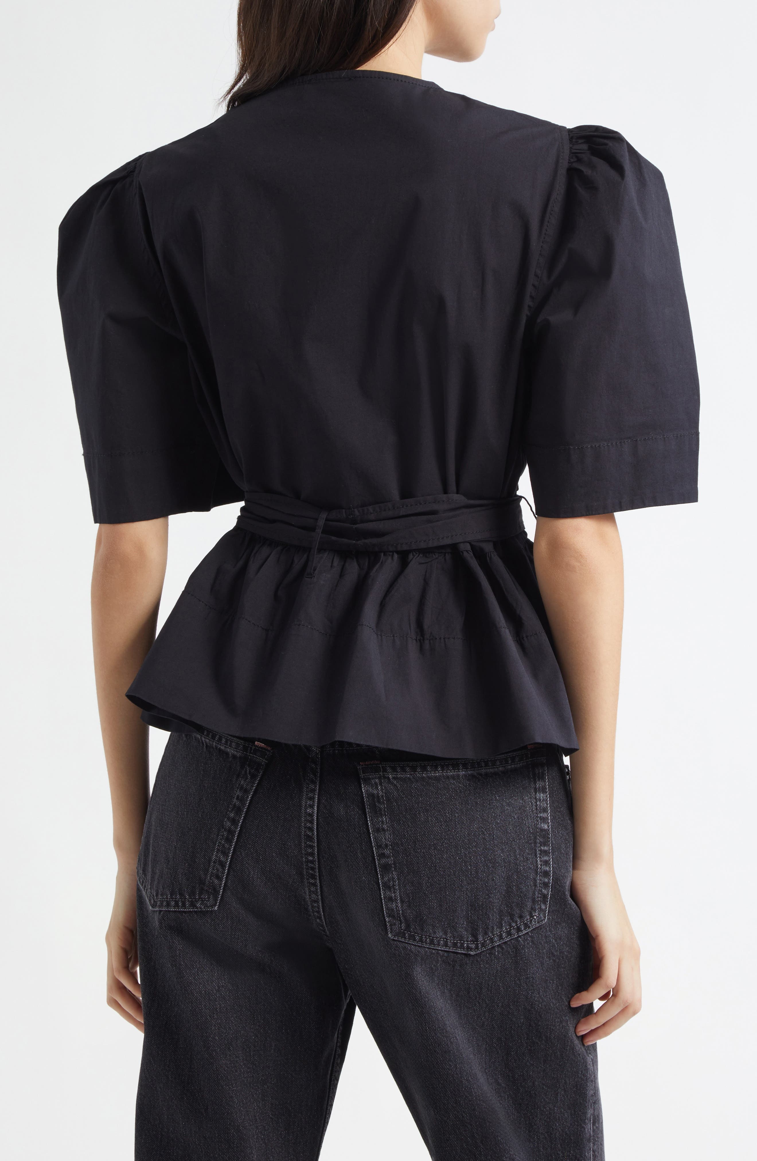 Ganni Bow Front Puff Sleeve Organic Cotton Poplin Top in Black at Nordstrom - 2