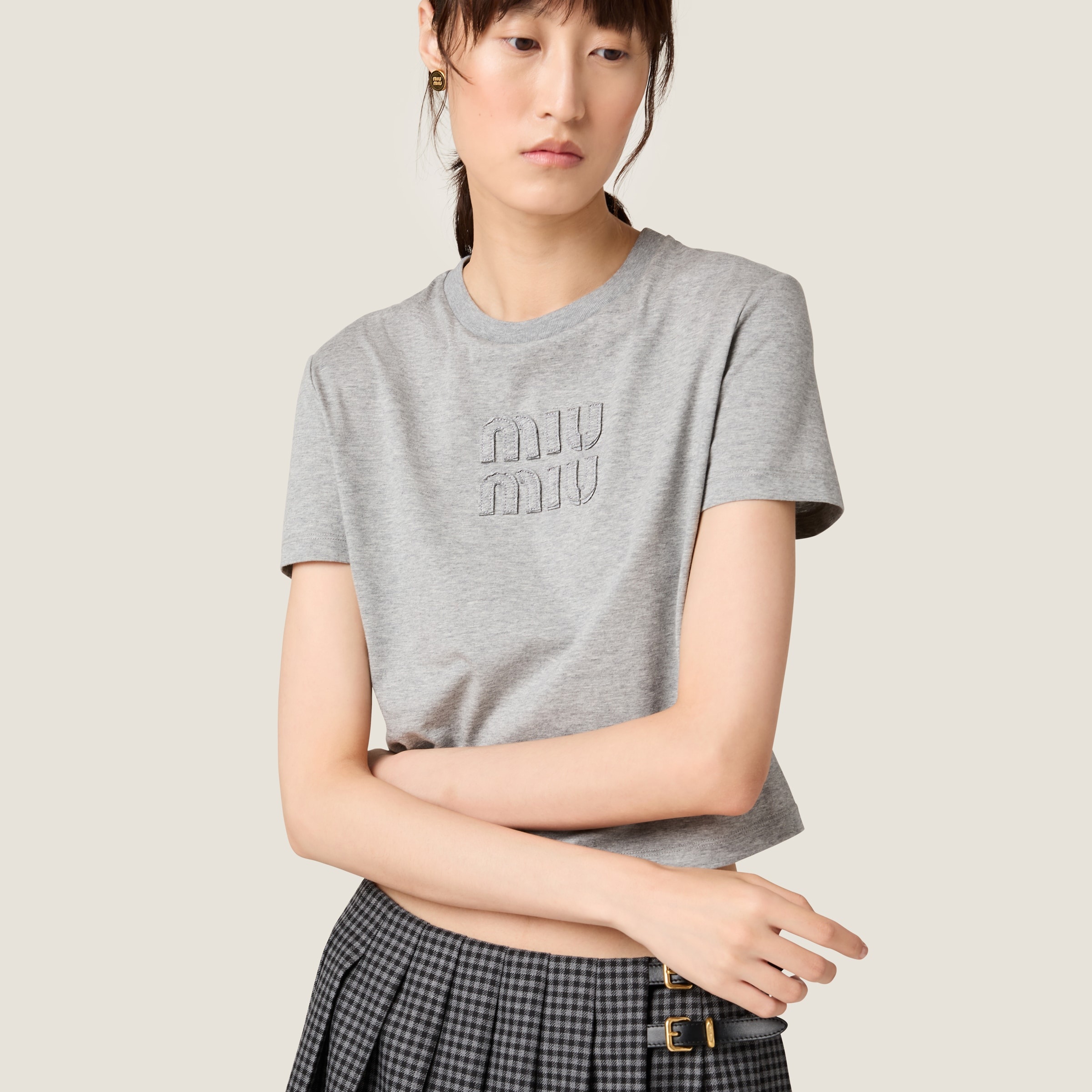 ミュウミュウ Miu Miu Cotton T-shirt Miu Miu logo-embroidered Cotton T-shirt | White | FARFETCH