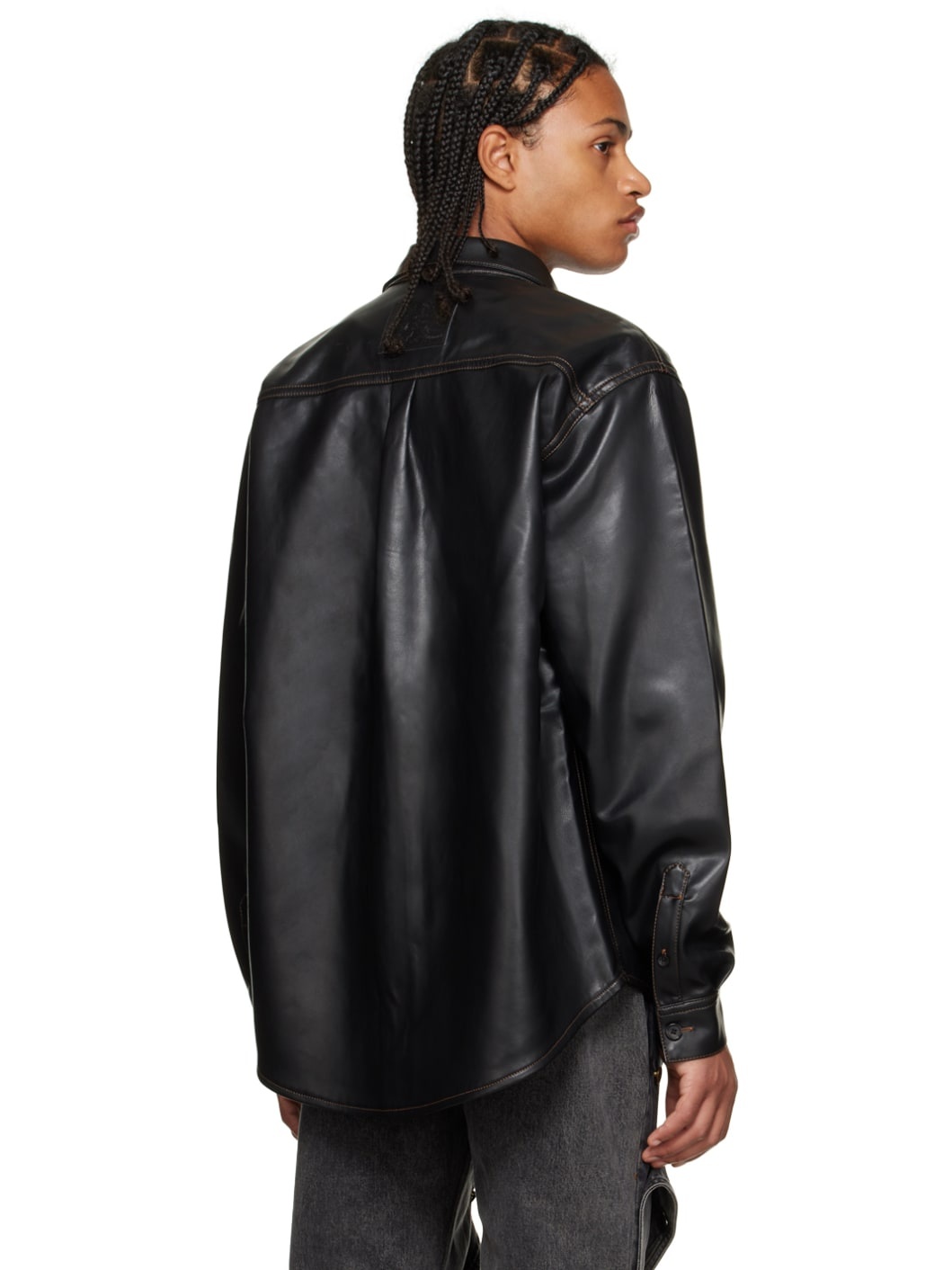 Black Hook-Eye Faux-Leather Shirt - 3