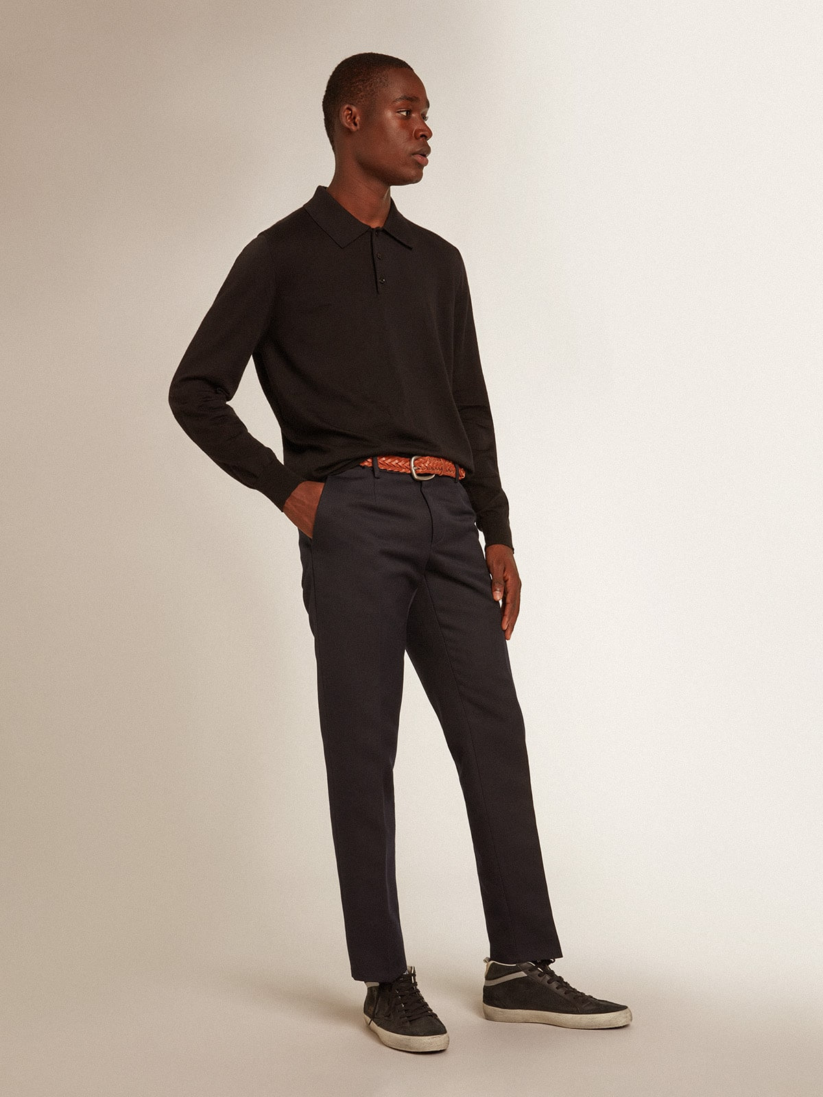 Men’s long-sleeved polo shirt in black merino wool - 3