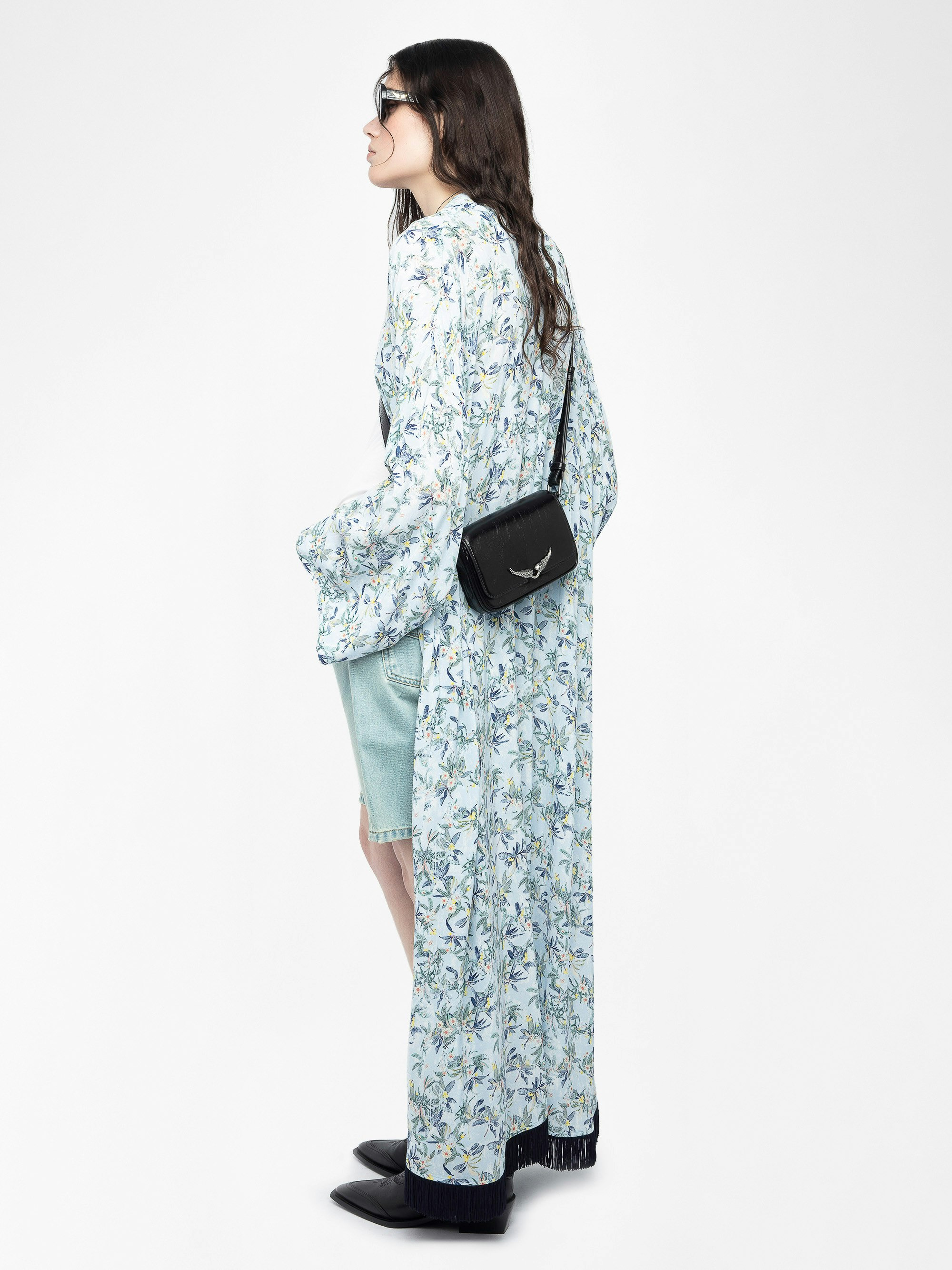 Long Viscose Floral Blue Kimono - 3