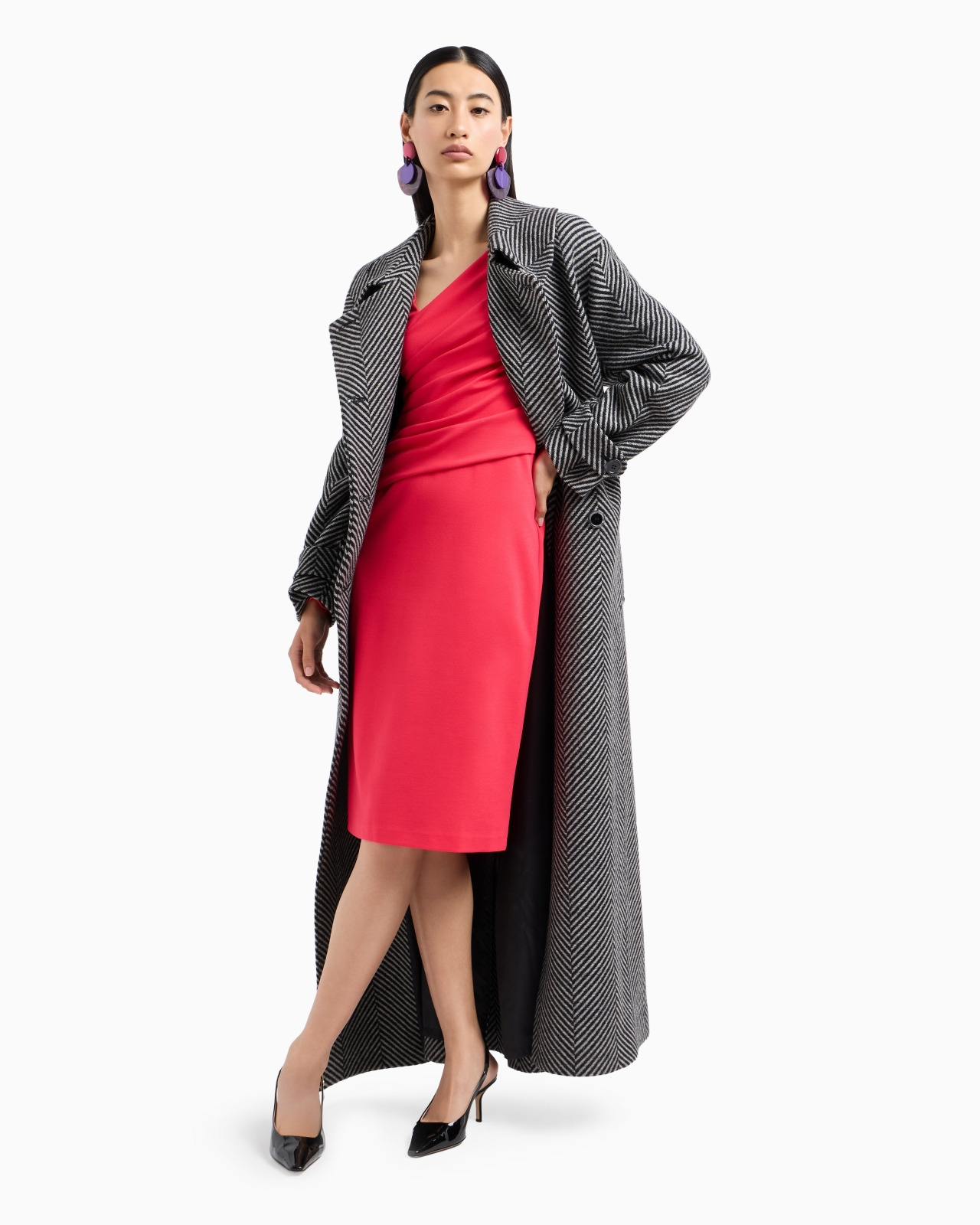 Stretch Milano stitch fabric dress with asymmetric cross-over and draping - 4