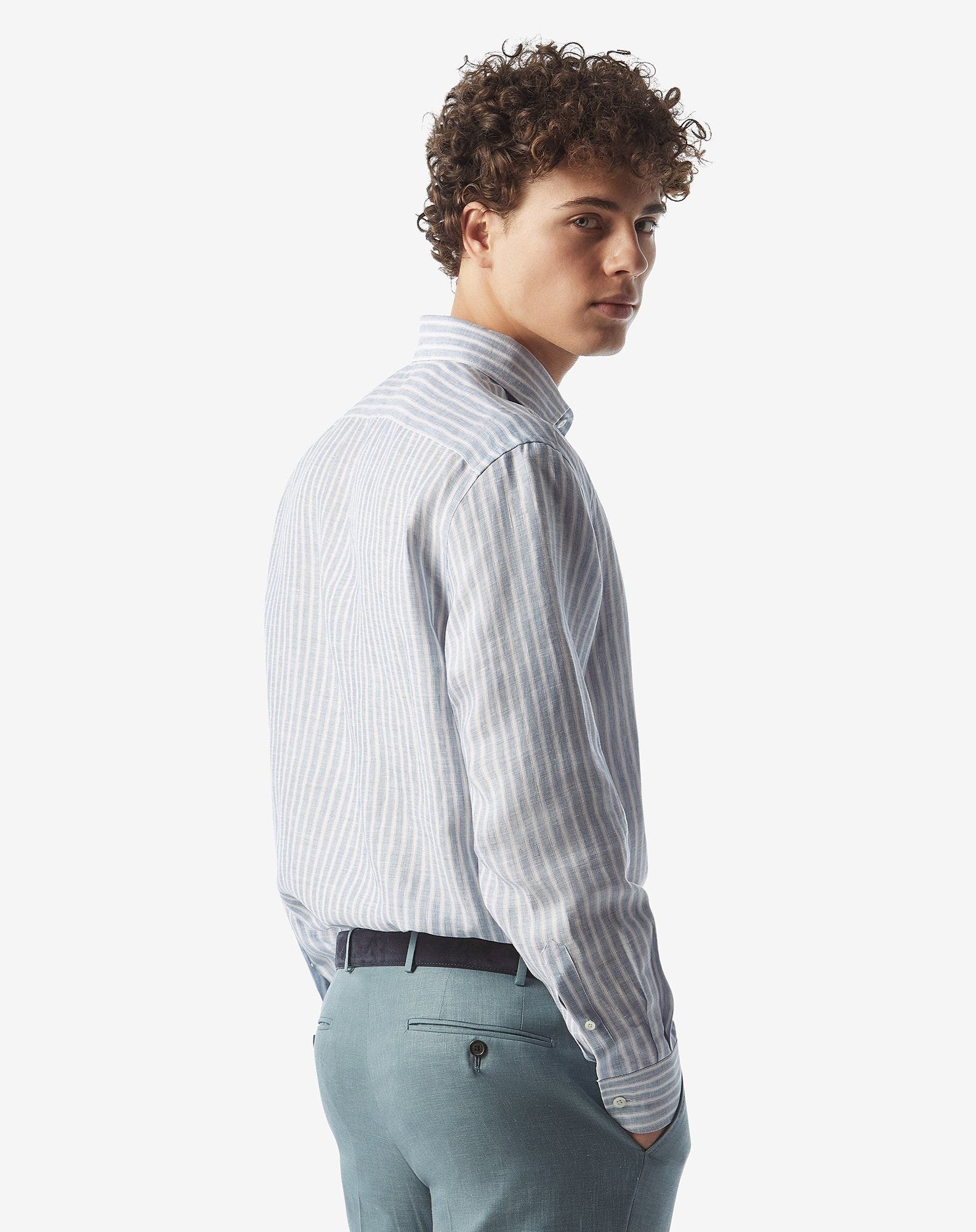 Pure linen shirt with white/light blue striped pattern - 3