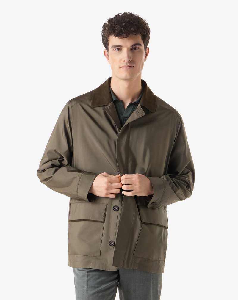 CORNELIANI Dark green technical silk caban coat outlook