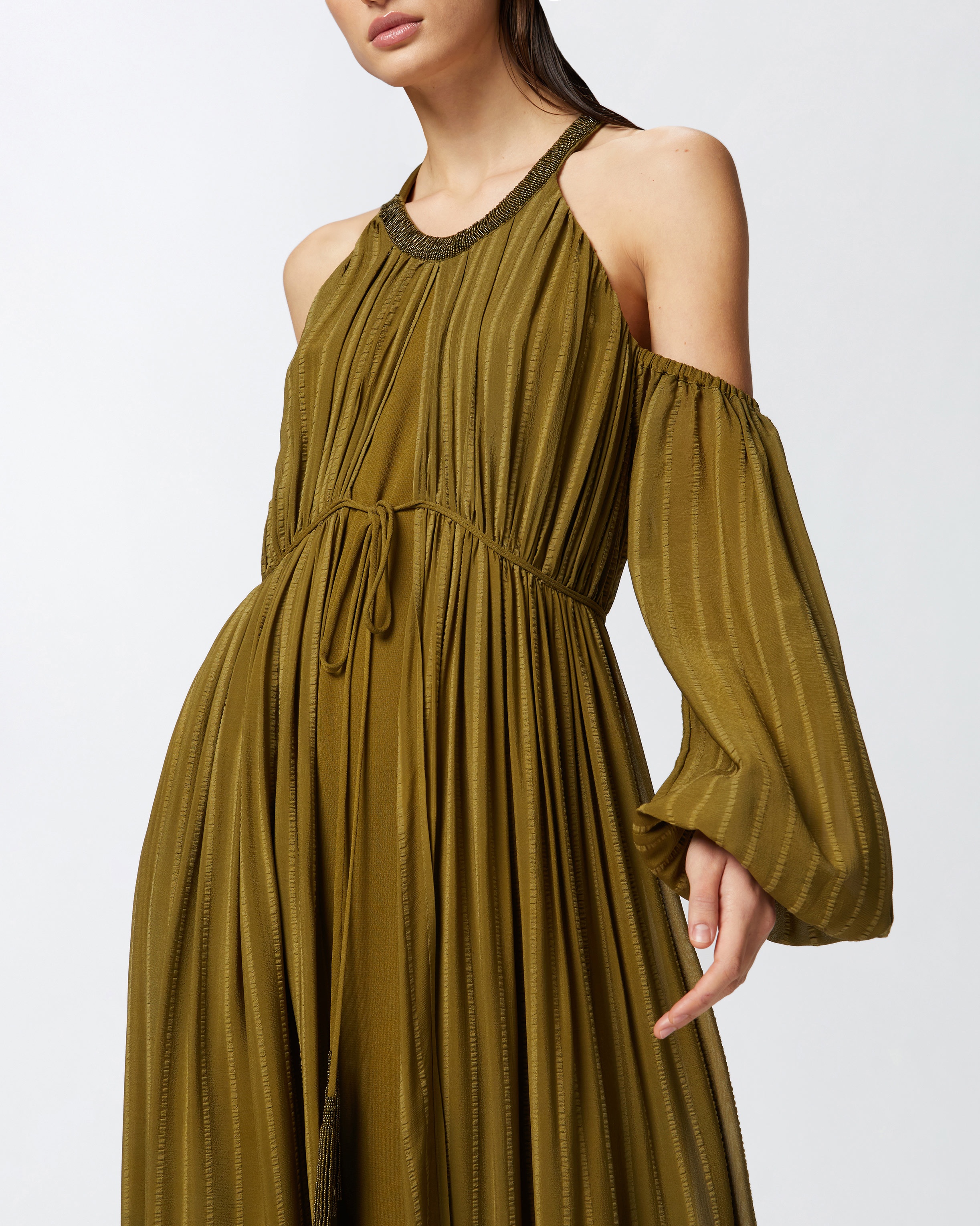 LONG OFF-THE-SHOULDER DRESS WITH BEADED EMBROIDERY - 5