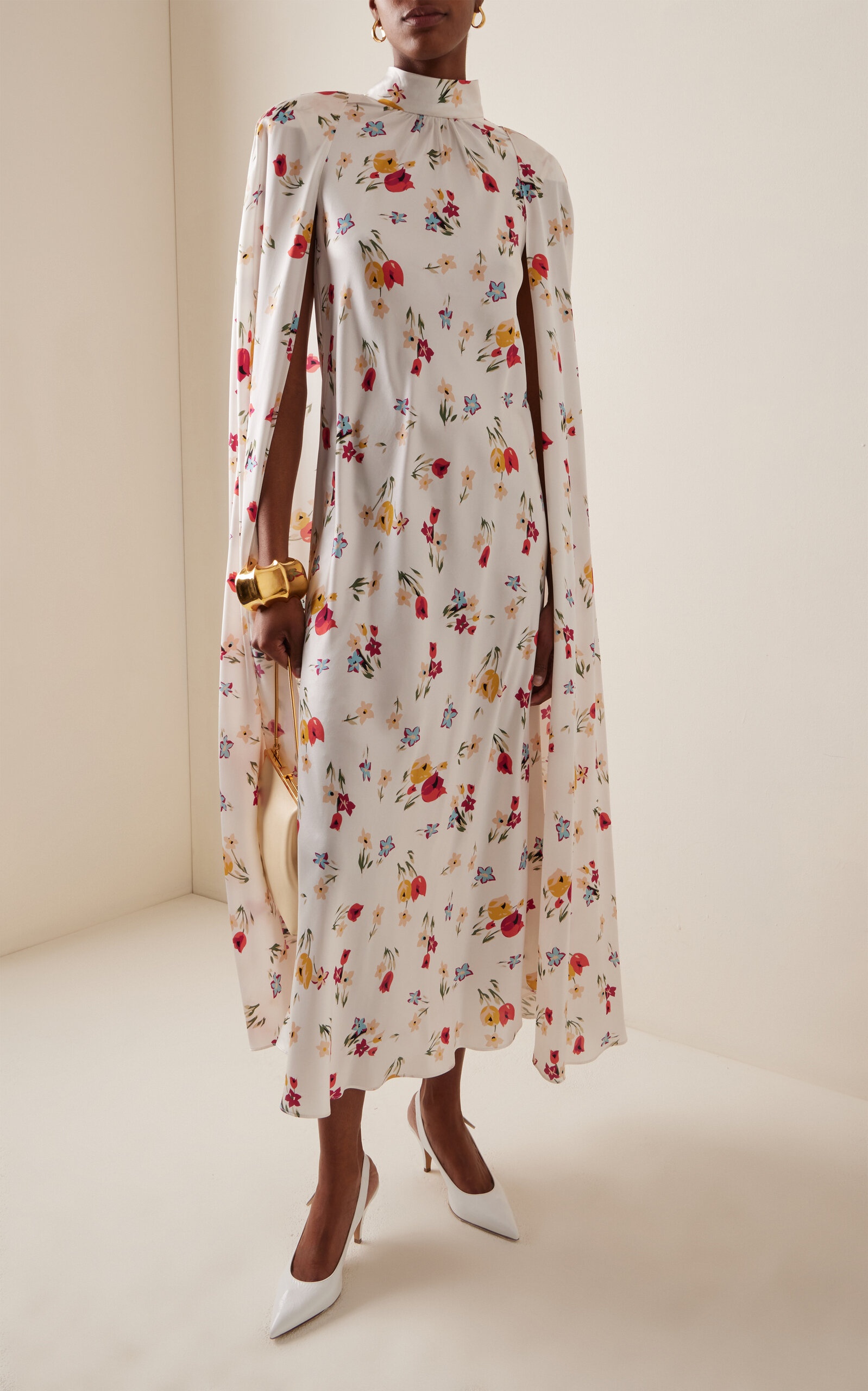 Tulip-Printed Silk-Satin Cape Dress white - 3