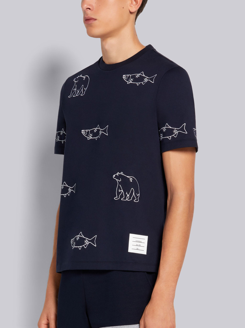Thom Browne Navy Medium Weight Jersey Bear and Salmon Half Drop Embroidery Short Sleeve Tee outlook