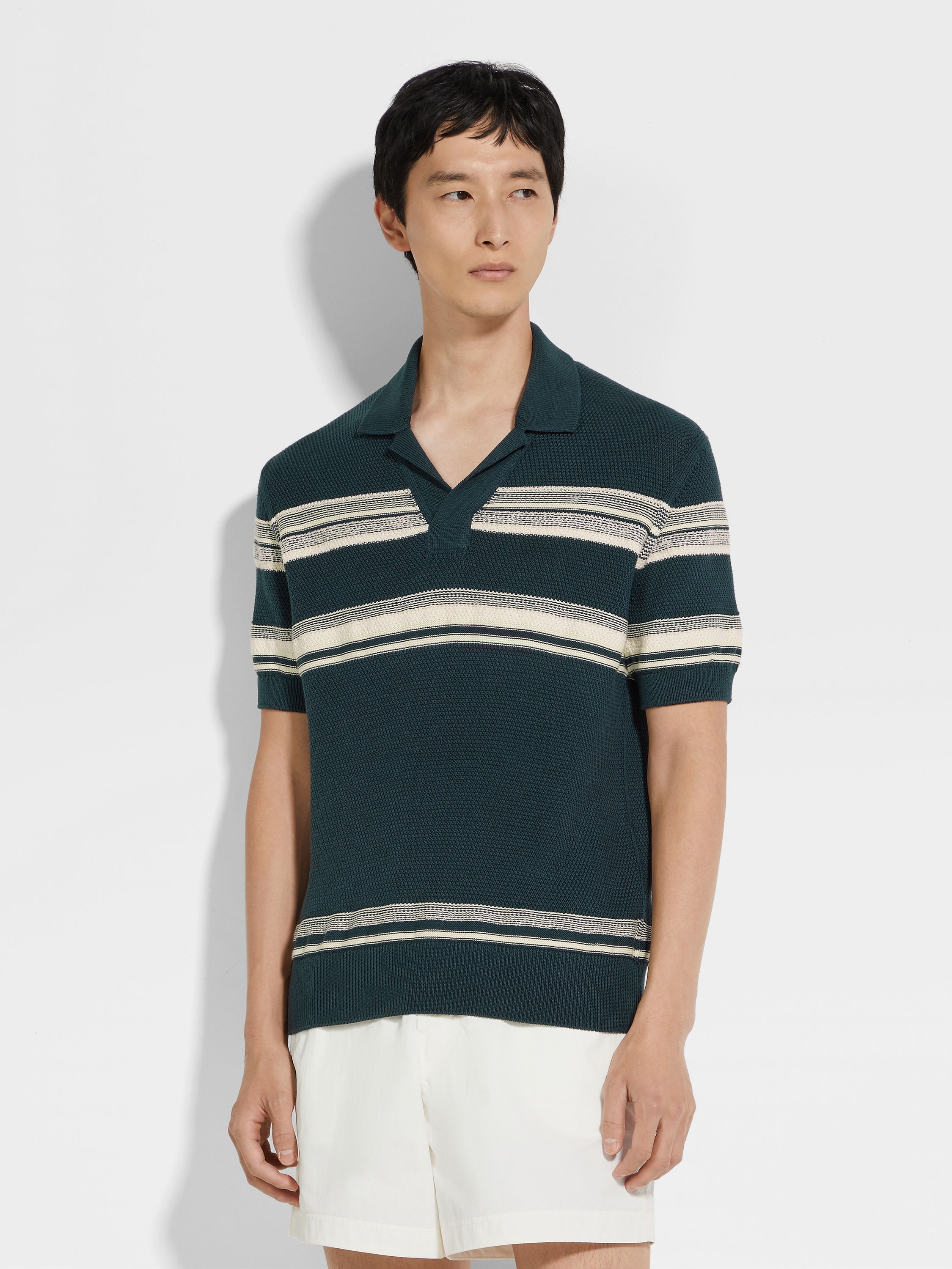 DARK TEAL BLUE LIGHT YELLOW AND WHITE COTTON AND SILK POLO SHIRT - 4