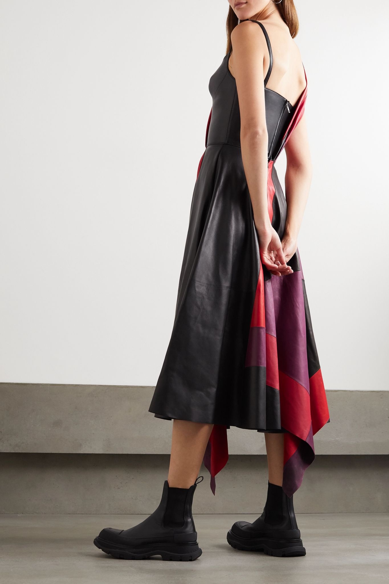 Asymmetric color-block leather dress - 3